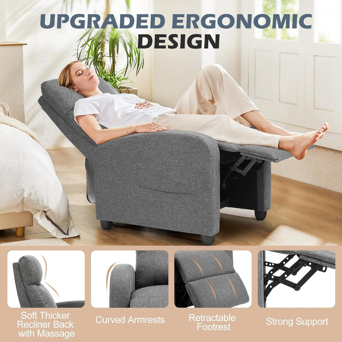 Grey recliner shown fully reclined with woman lying back and feature thumbnails for armrests, retractable footrest and frame