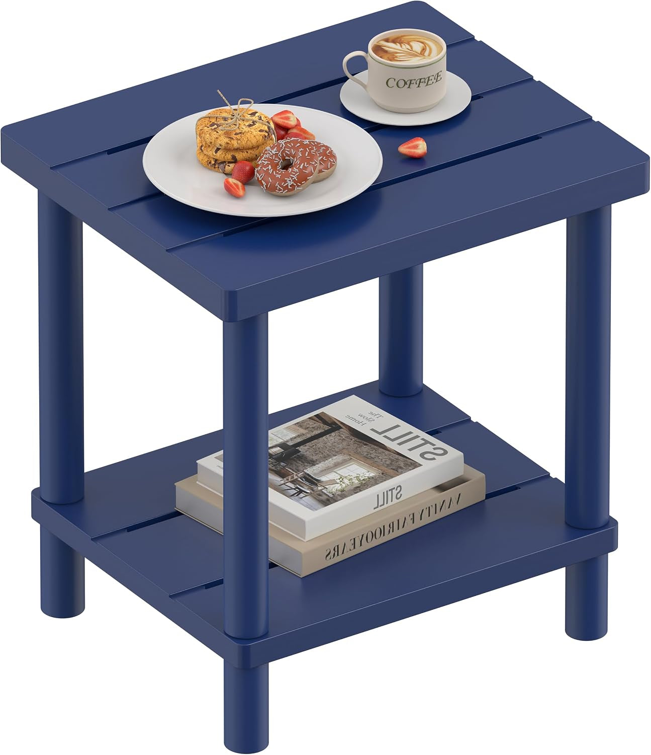 Blue two-tier slatted end table shown with plate of pastries and stacked books