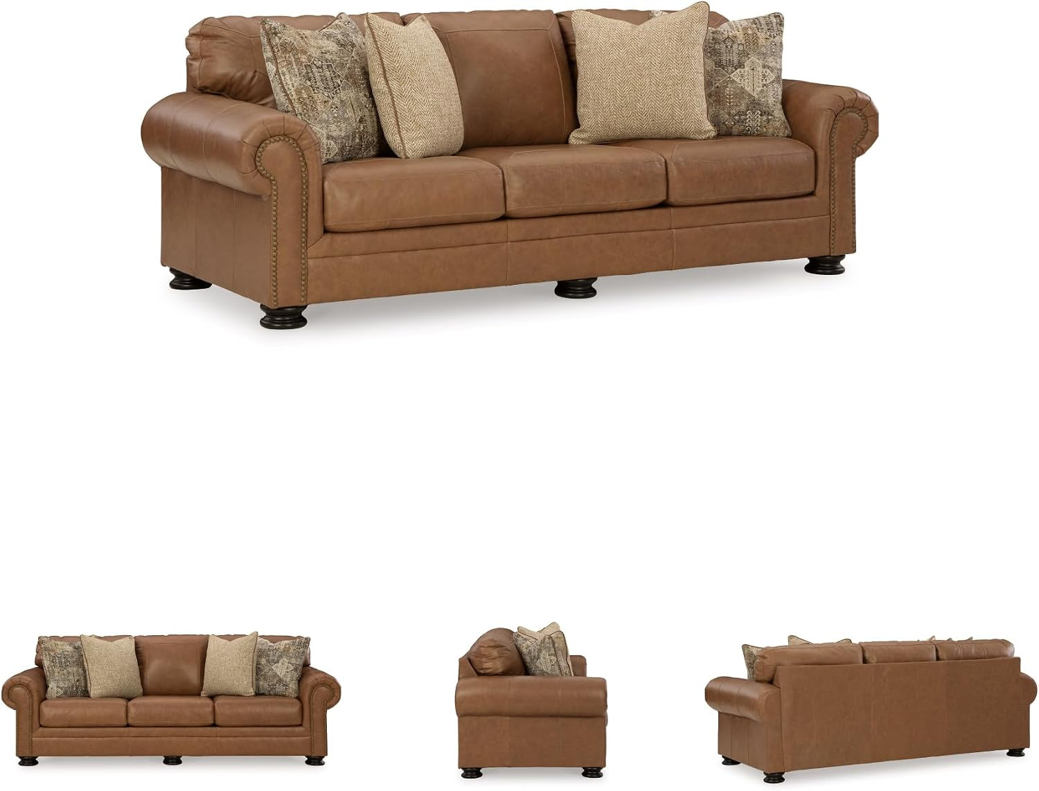 Signature Design by Ashley Carianna Leather Sofa for Living Room, Caramel | Top-Grain Leather Touchpoints, Sag-Resistant Platform Foundation, Classic Rolled Arms with Nailhead Trim