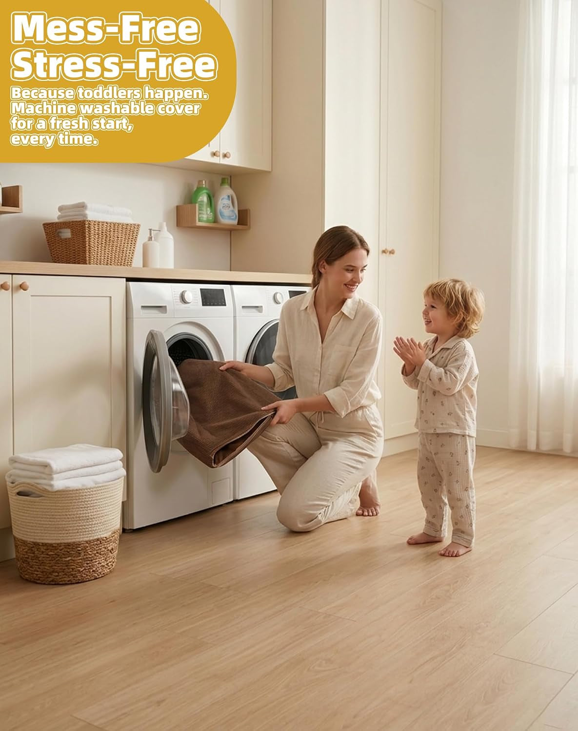 Woman loading a brown removable cover into a washing machine while a toddler watches in a bright laundry room.