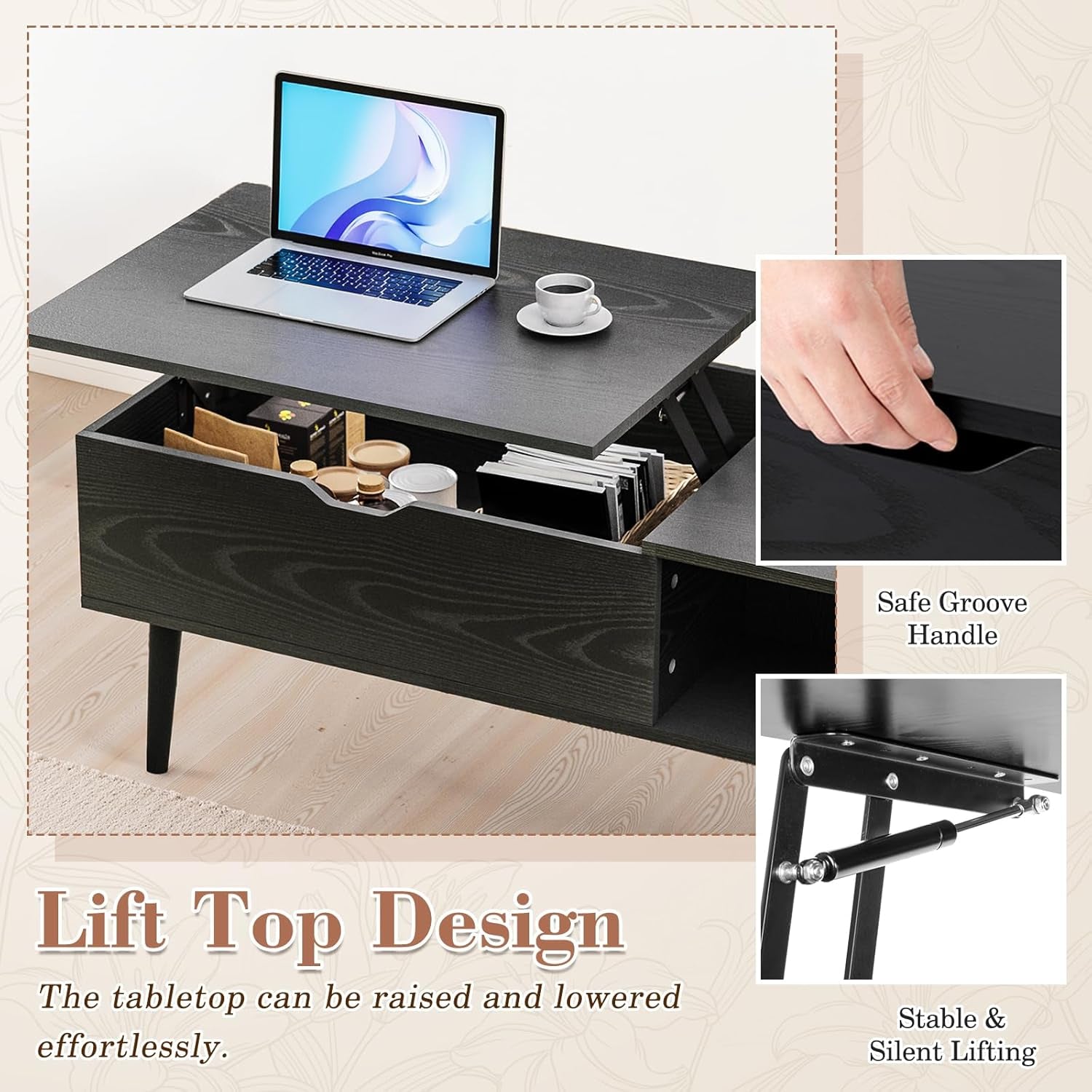 Close-up of lift-top table with groove handle and metal lift mechanism highlighted