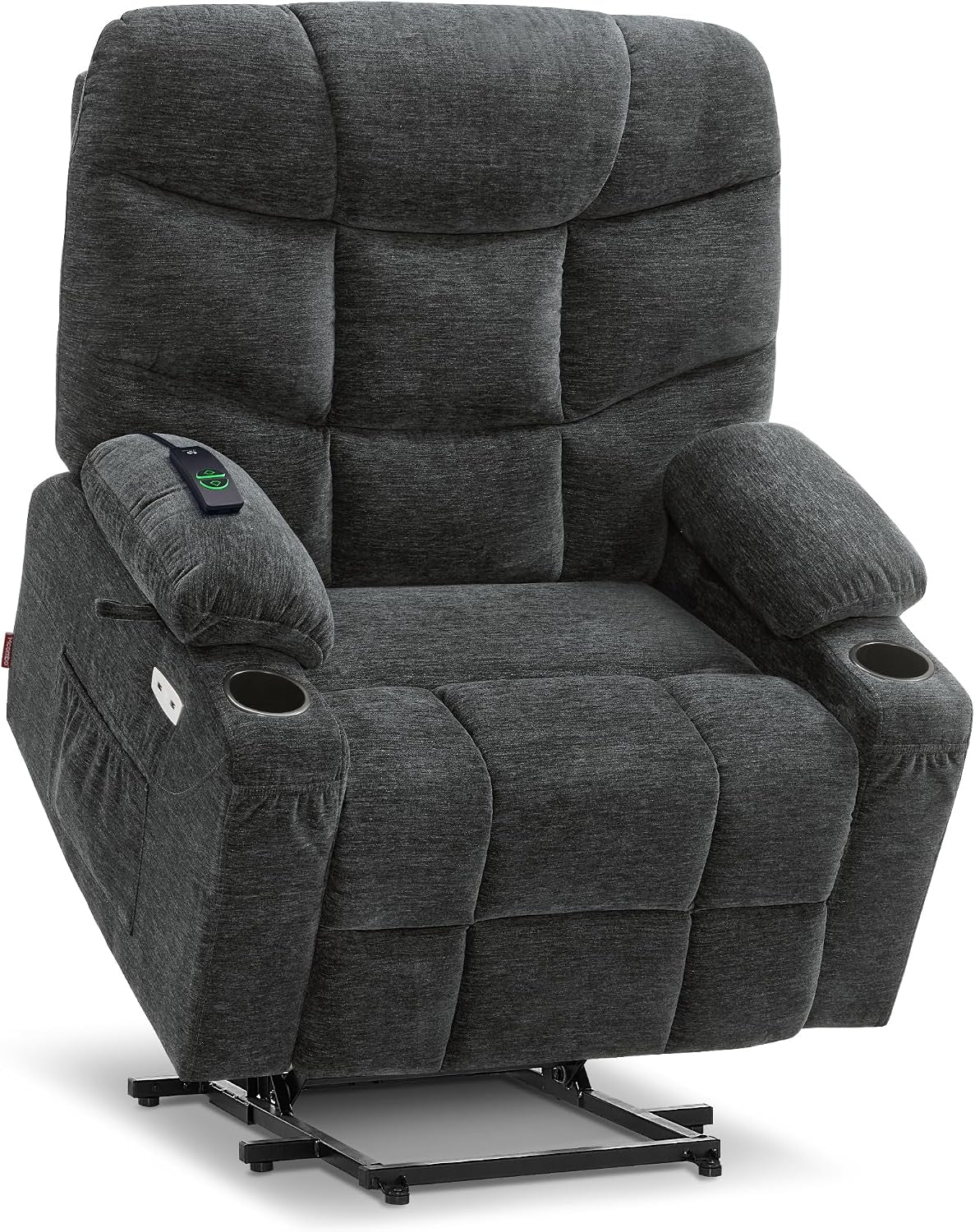 Front-facing view of a charcoal gray lift recliner on white background, seat slightly tilted to reveal the black metal lift