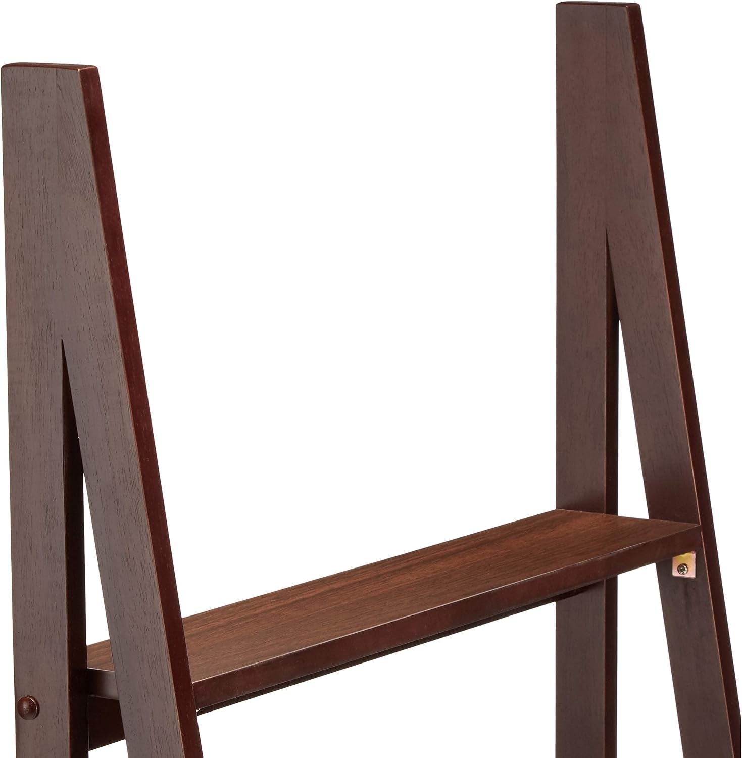 Close-up detail of espresso ladder bookshelf showing shelf edge, A-frame side supports, and metal hardware