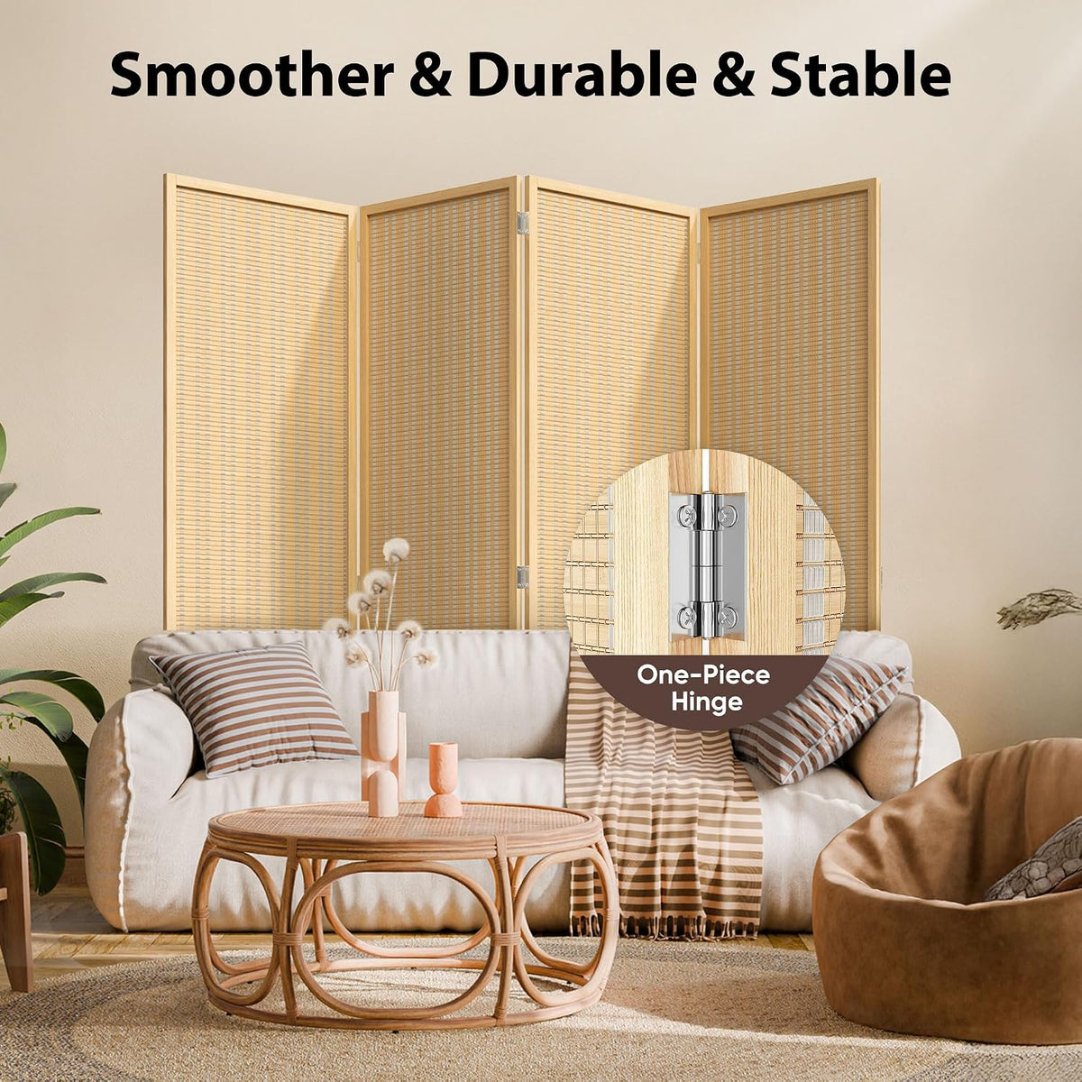 Four-panel divider placed behind a sofa highlighting stainless steel one-piece hinges and woven bamboo finish