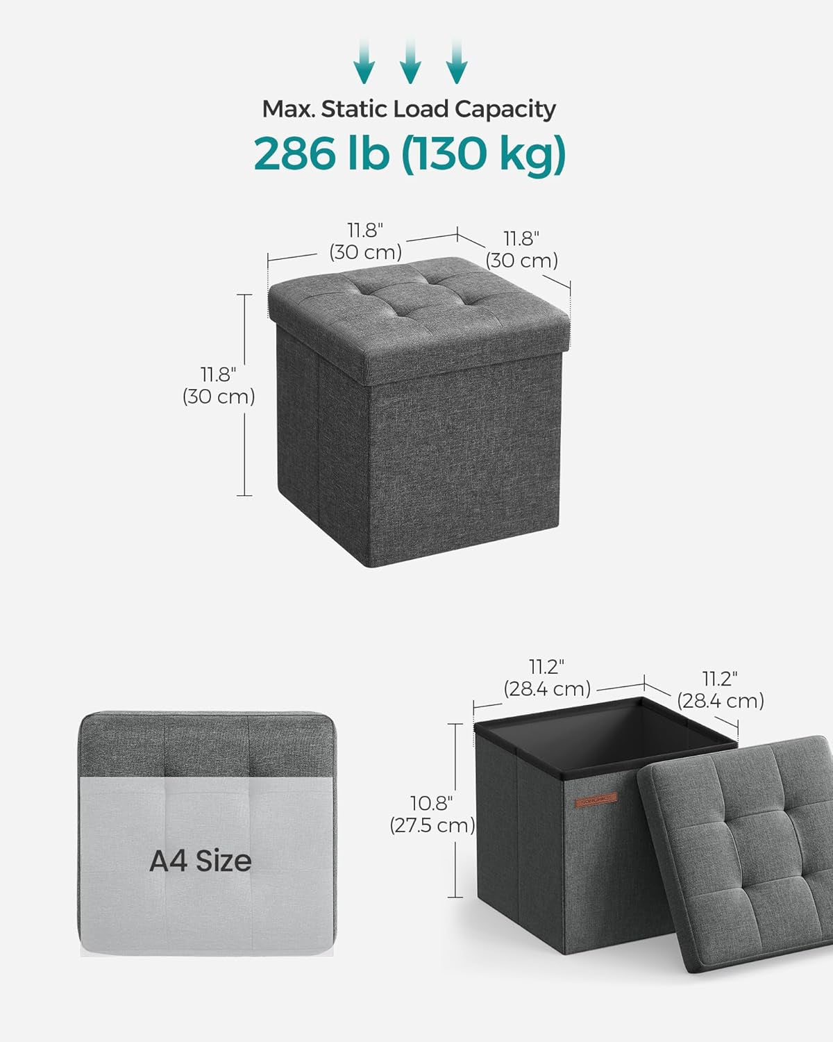 Graphic diagram of the cube ottoman showing top and height dimensions from multiple angles.