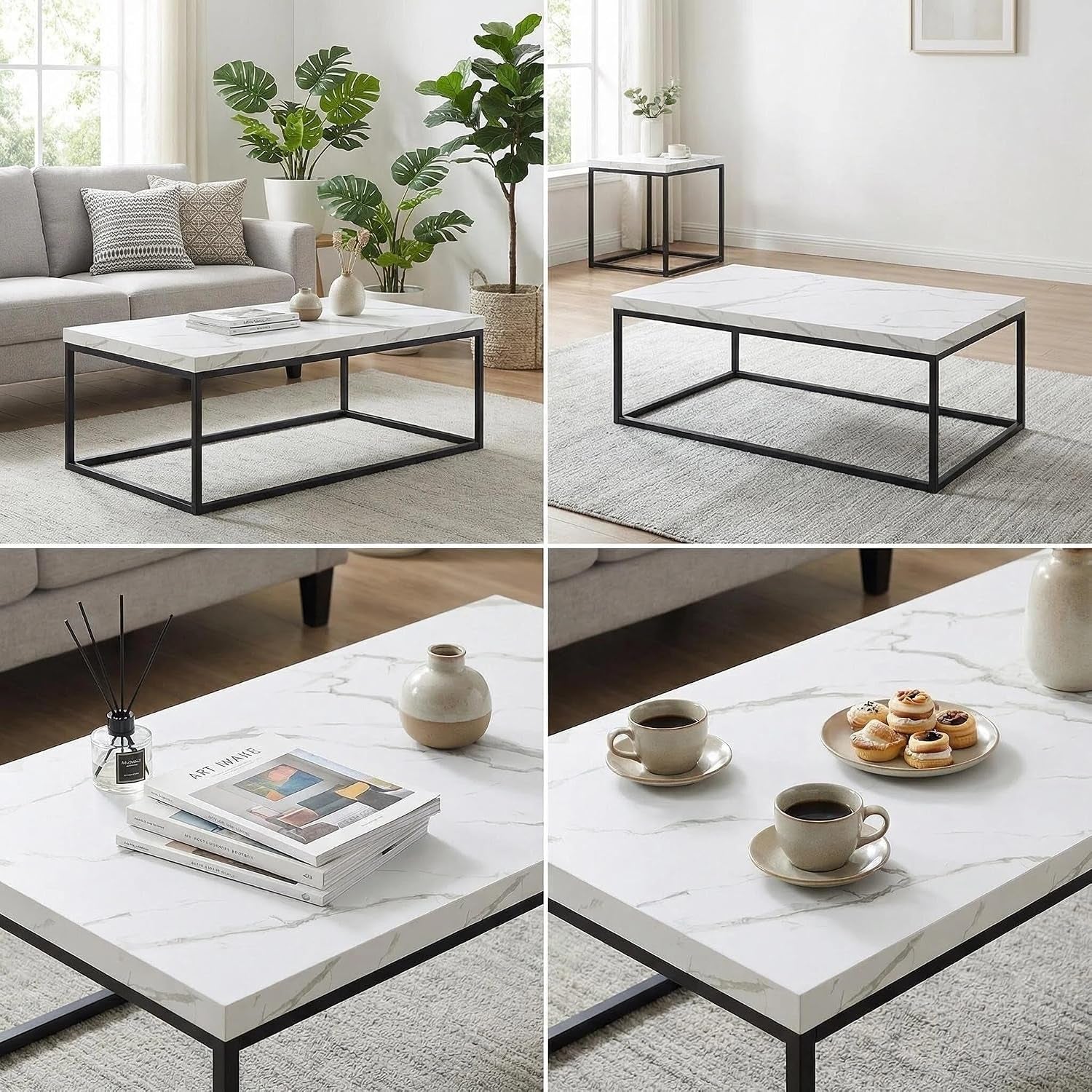 Close-up views of marble-laminated tabletop surface and black metal frame showing veined finish and edge profile