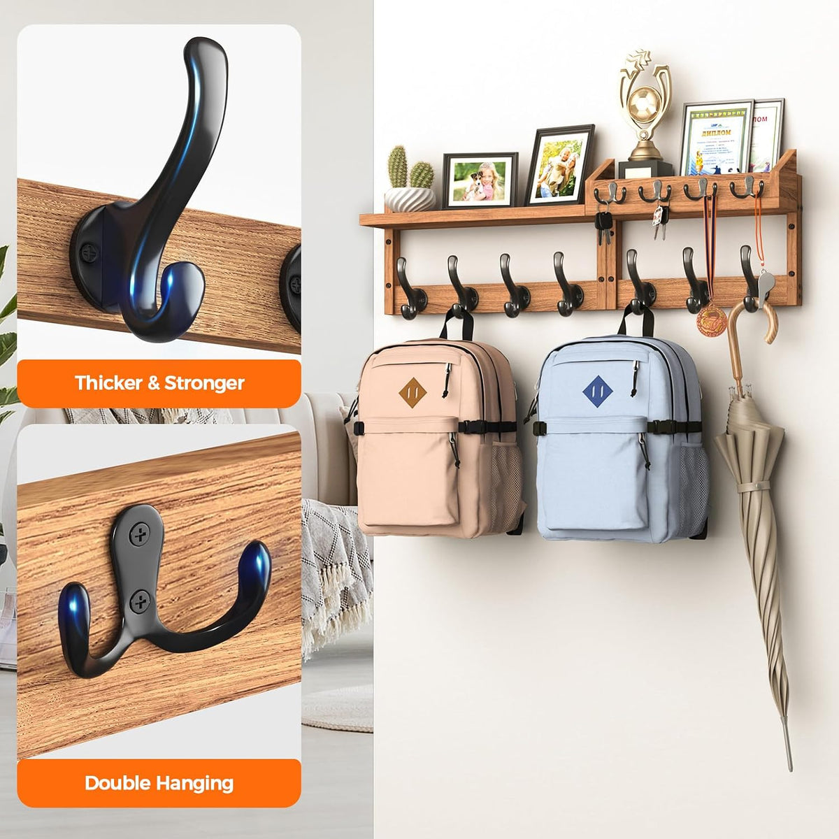 Close-up of black double hooks on wood with two backpacks and umbrella hanging underneath.