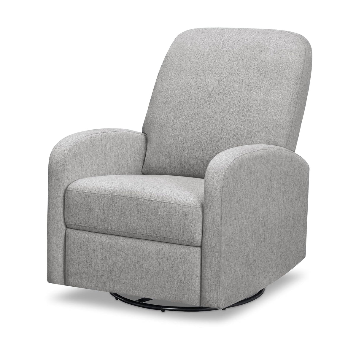 Three-quarter angled view of the recliner in light gray fabric showing profile and base