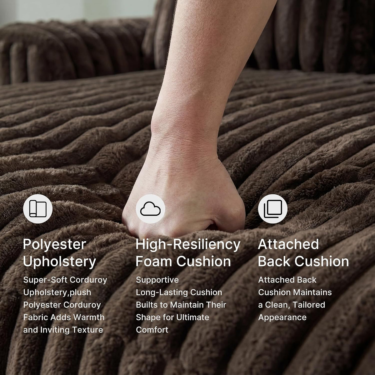 A fist pressing into plush, ribbed brown corduroy cushion to show the foam give and texture.
