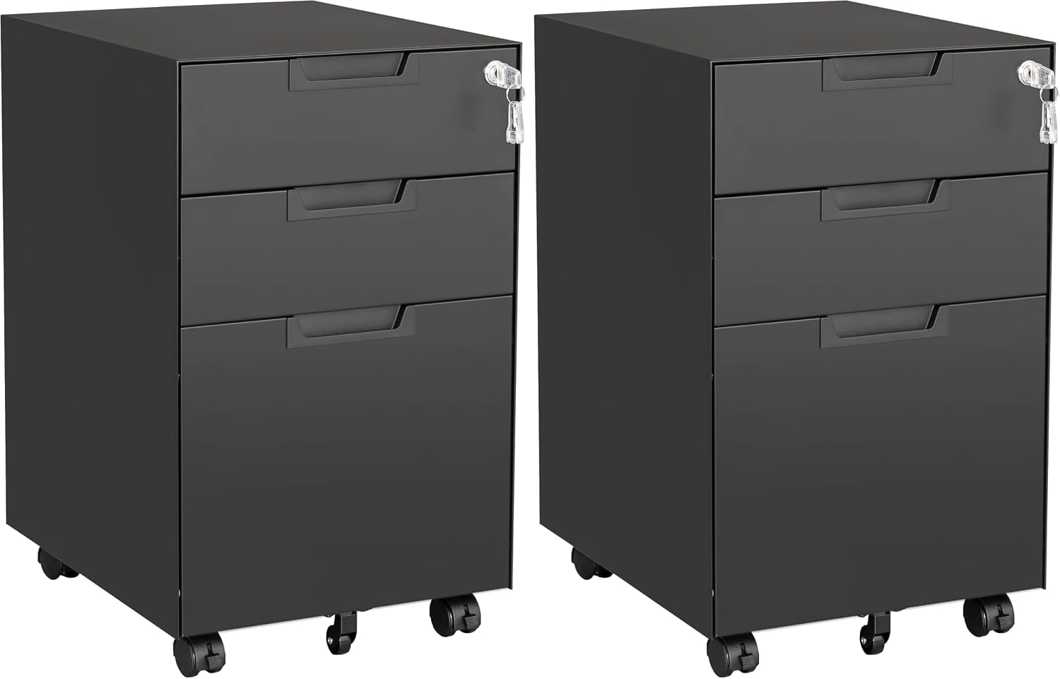 Two black three-drawer mobile filing cabinets shown side by side on casters, front view with lock and keys visible on the