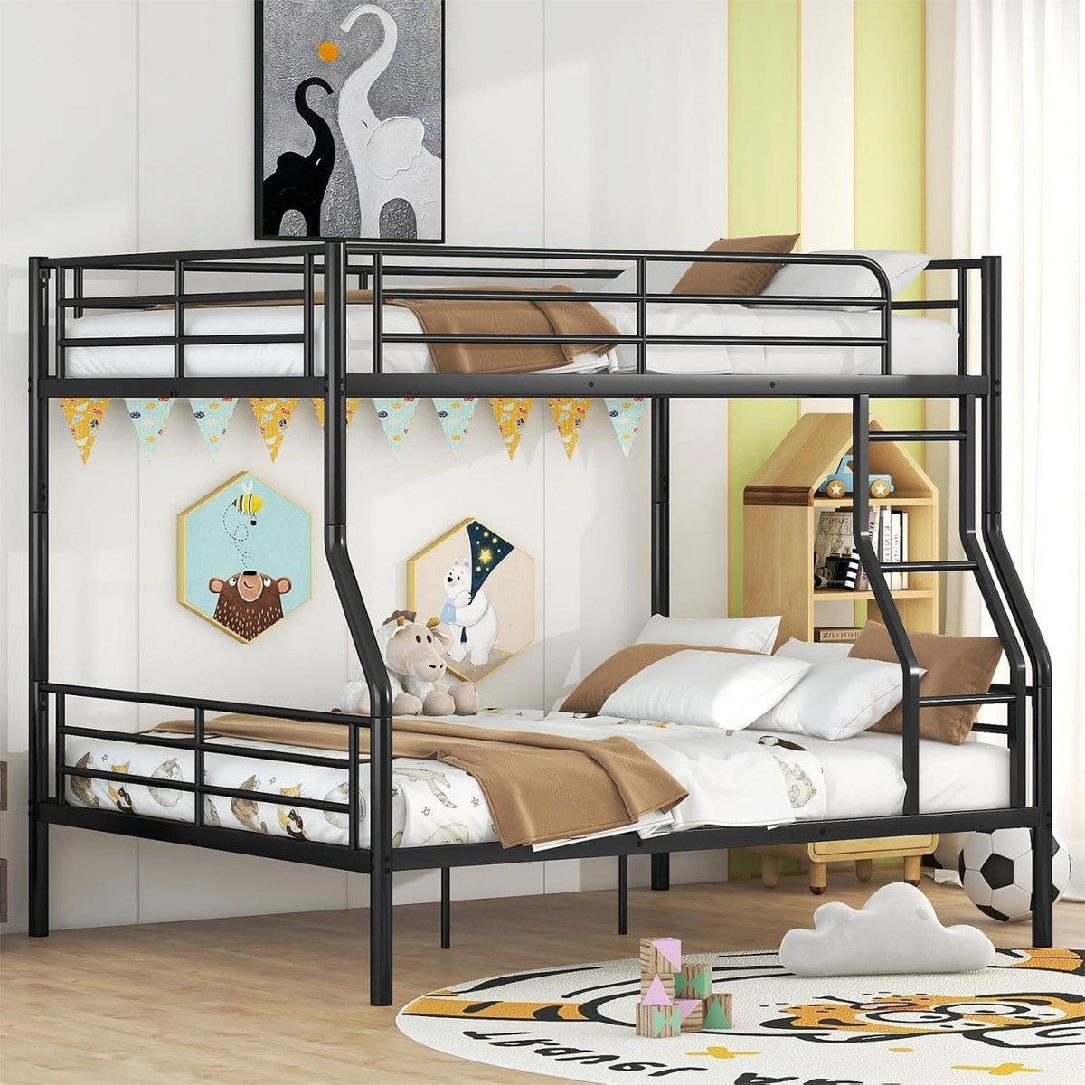 Side view of a black metal bunk bed in a children's room with bunting, stuffed animals, and a small ladder angled to the