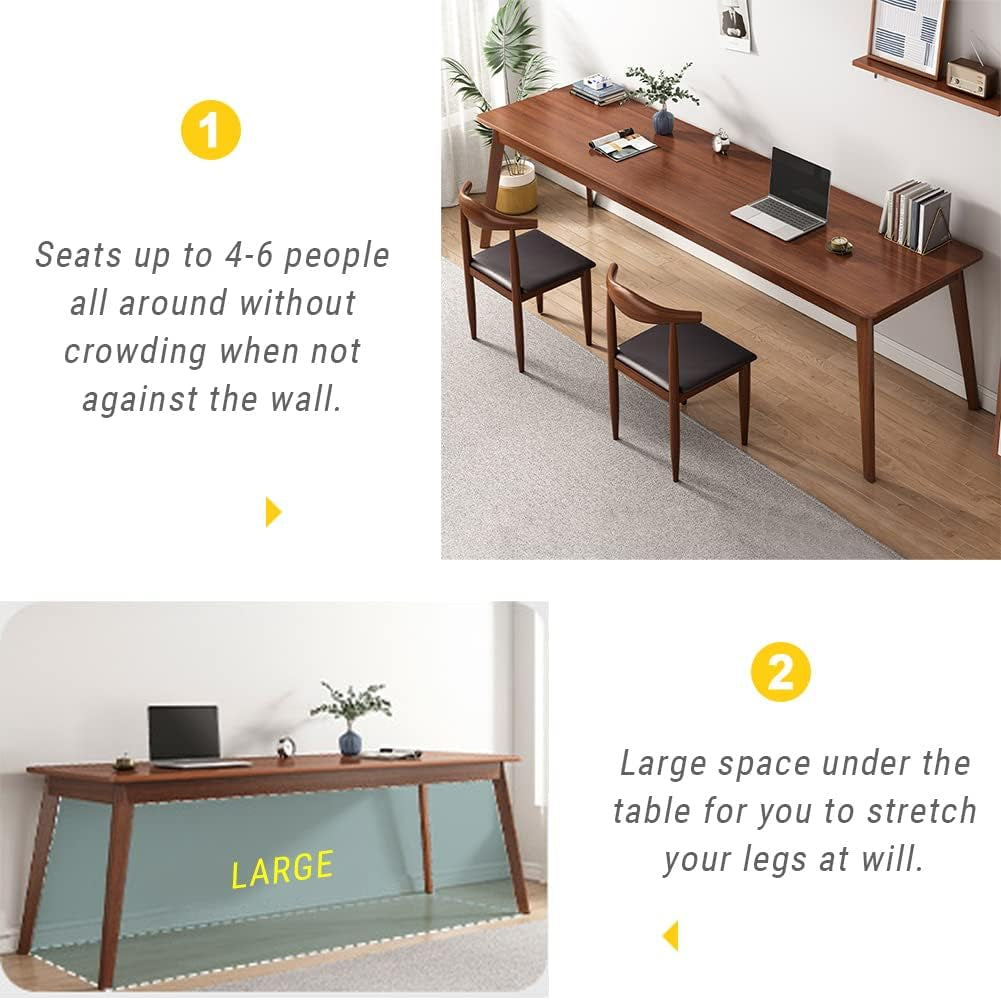 Collage showing the walnut long desk with two chairs and an inset diagram highlighting roomy under-table space.