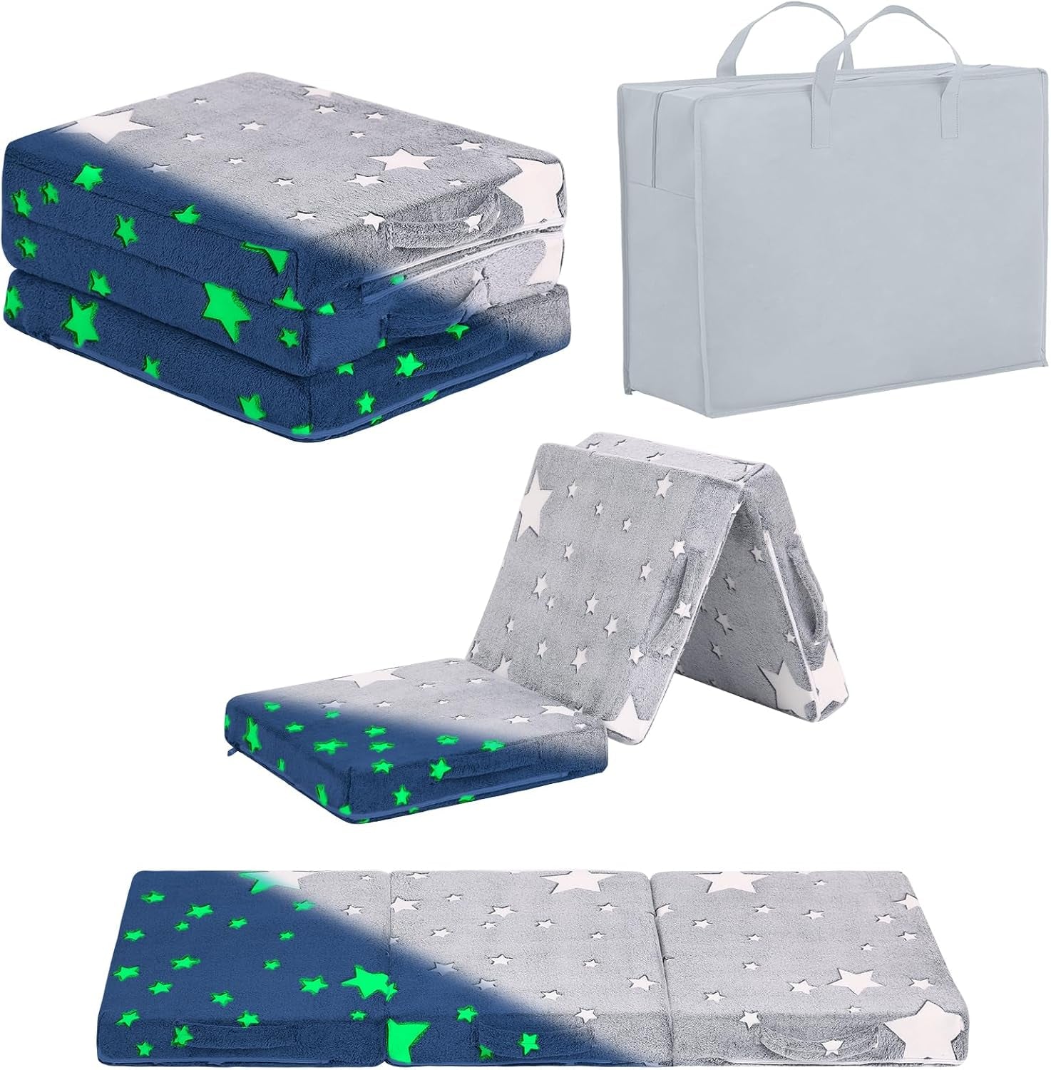 Folded star-pattern tri-fold mattress shown partly glowing green, carrying bag and unfolded mattress panels.