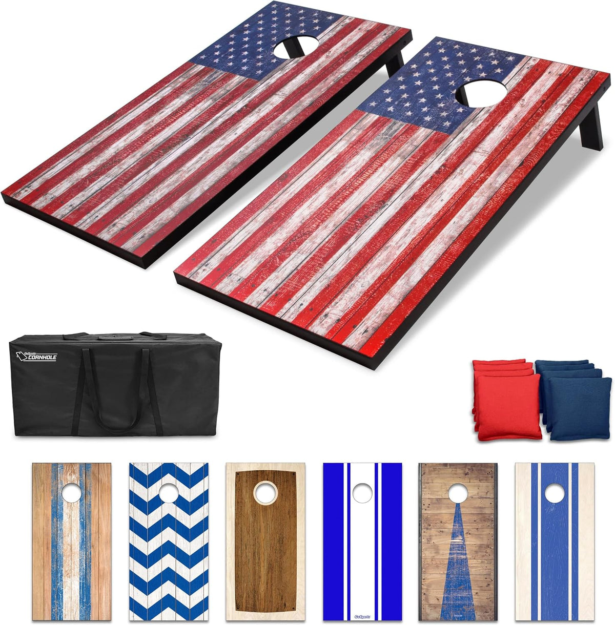 Overhead-angled view of a matching pair of flag-print cornhole boards with one leg extended, carry case and bean bags shown