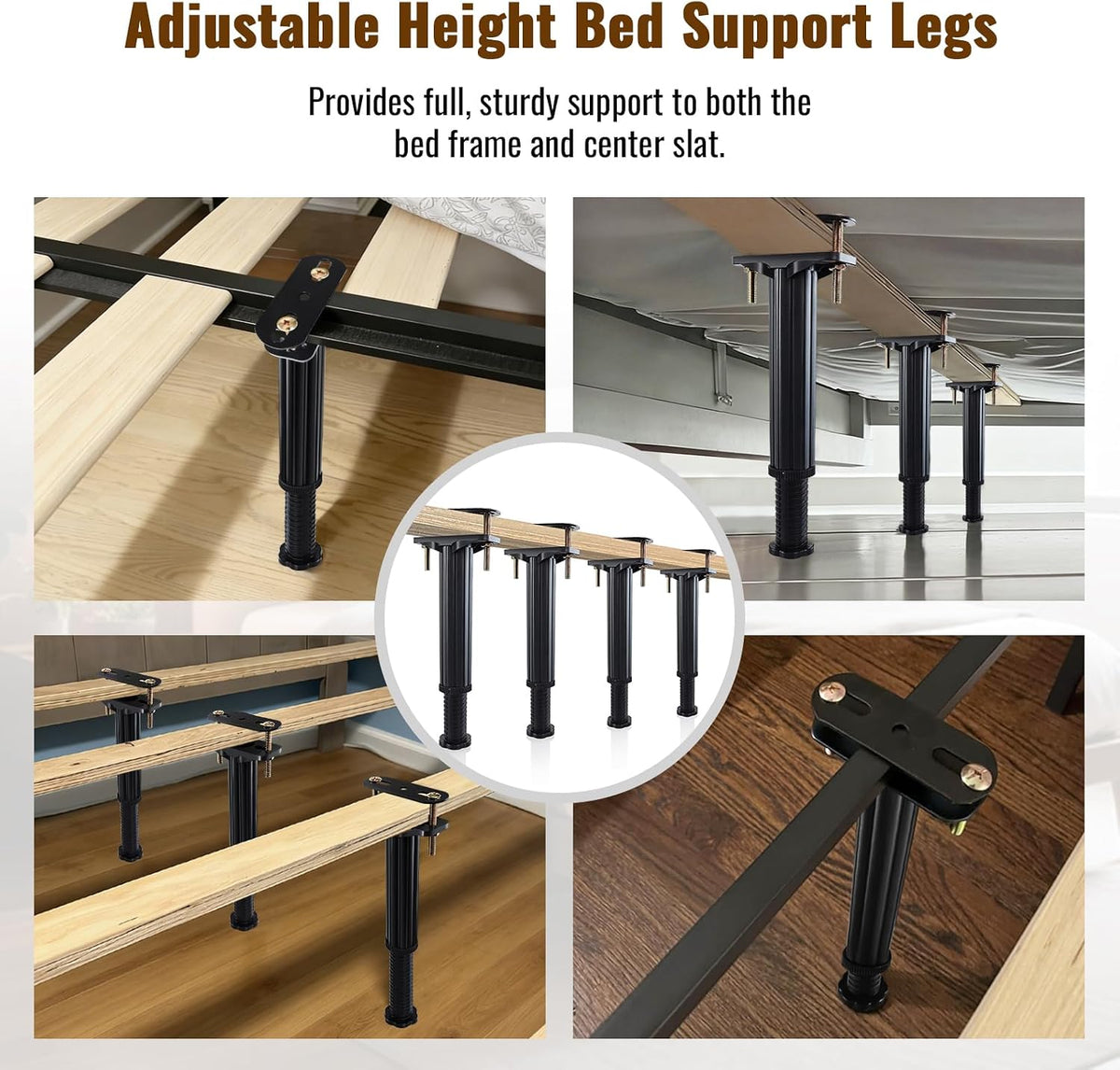 Collage of the black legs installed under slatted bed frames, with a close-up of one leg mounting plate.