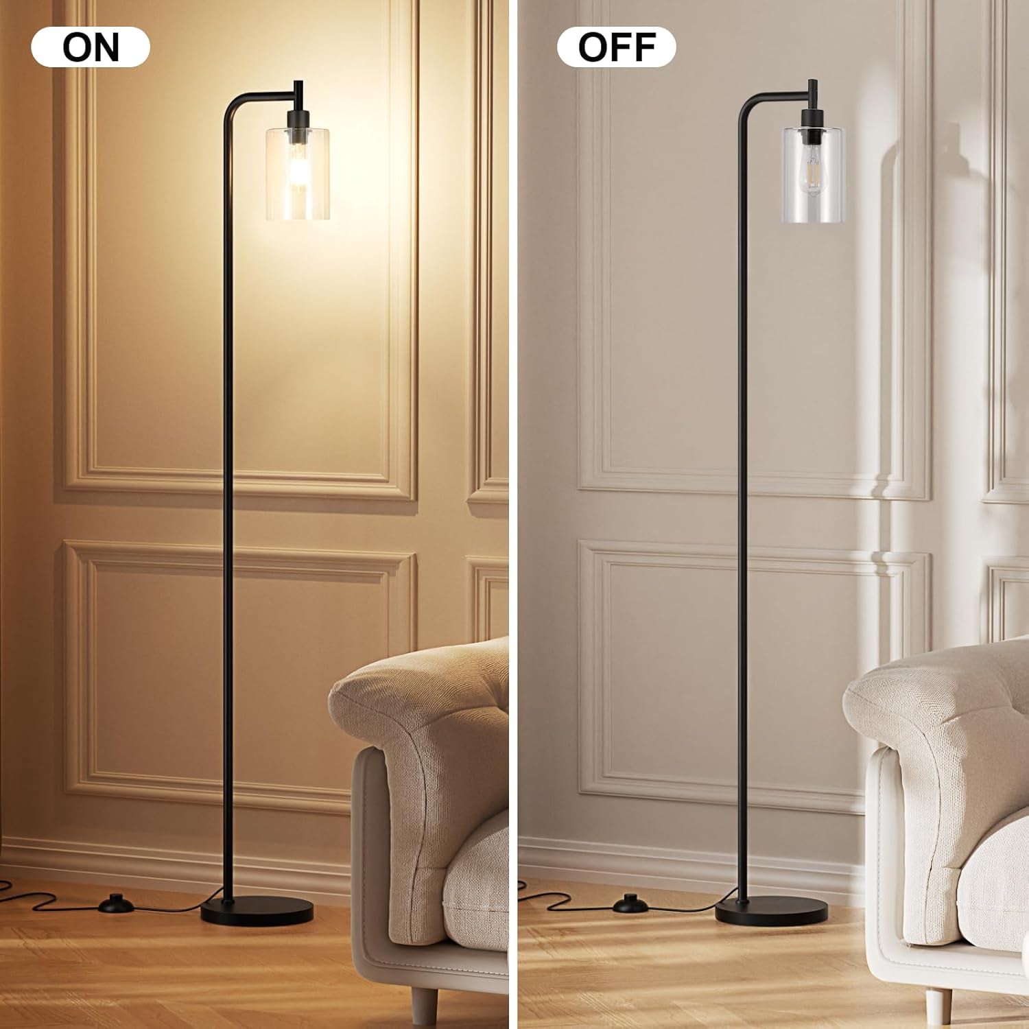 Side-by-side on and off views of the black floor lamp with clear glass shade and foot switch visible