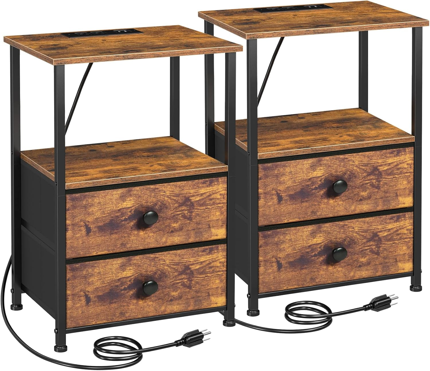 Pair of rustic brown two-drawer nightstands with black metal frame and visible power cords