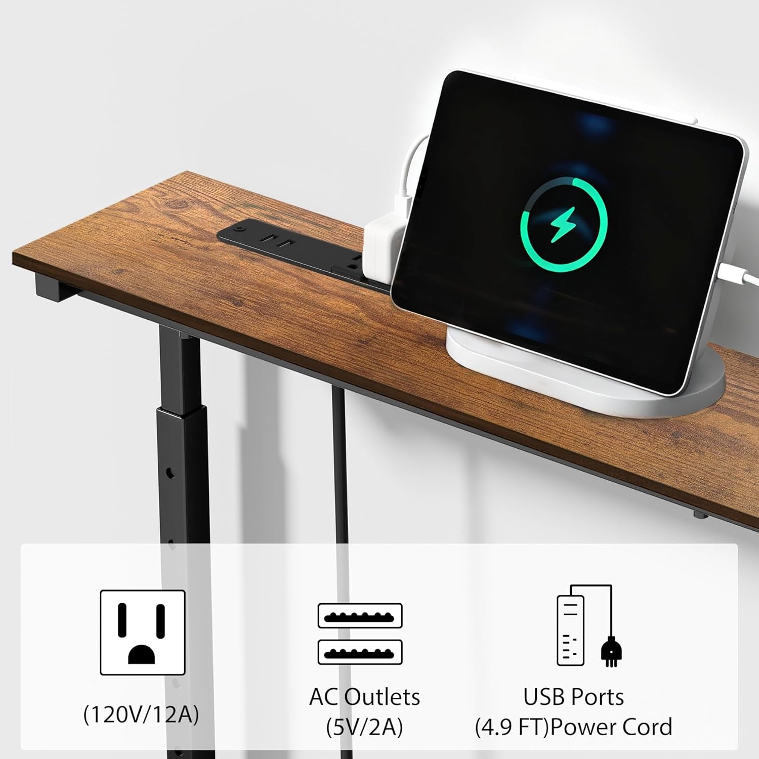 Close-up of a brown tabletop power panel charging a tablet, with outlet, USB and cord specifications.