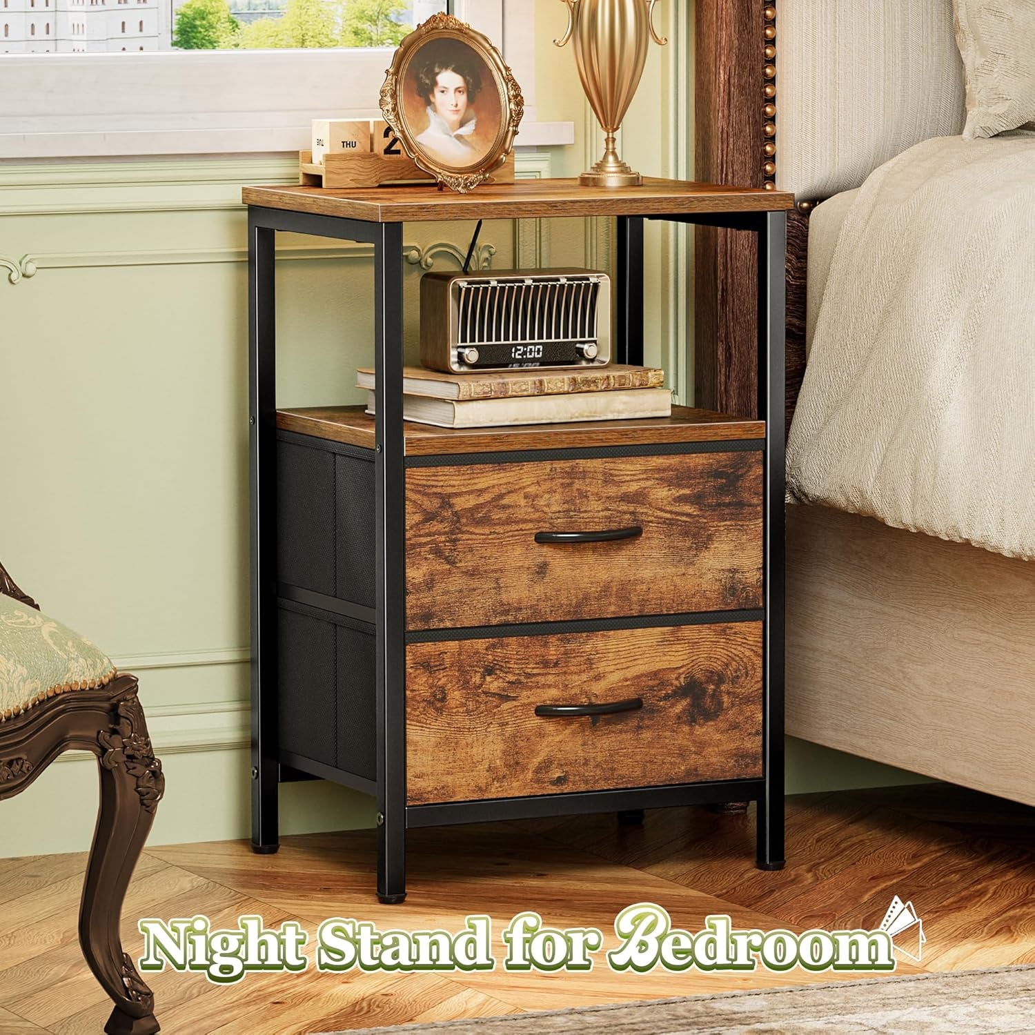 Nightstand placed beside bed in a bedroom setting showing two drawers and open middle shelf