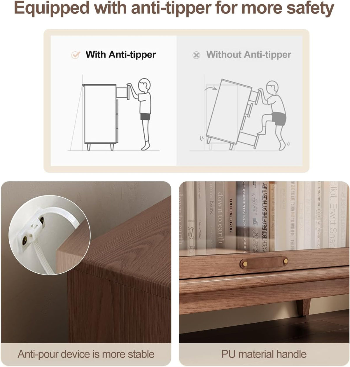 Close-up of anti-tip strap mounted to wall and a PU-style pull handle on a brown wood flip-up door