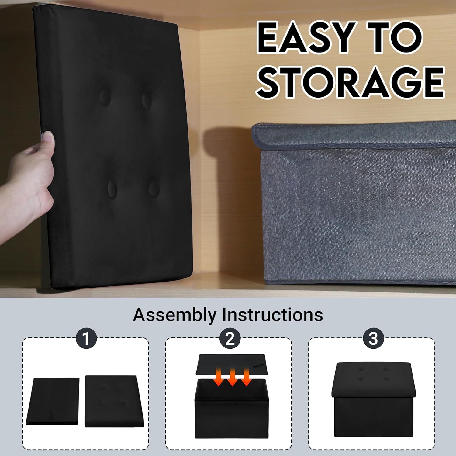 Split image: hand placing a folded ottoman panel on a shelf above a folded storage box and three-step assembly illustrations