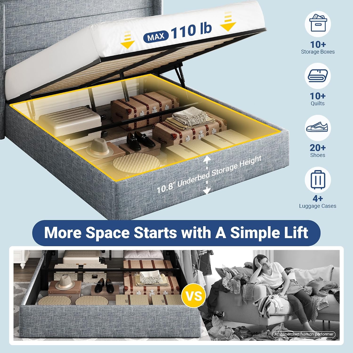 Angled view of the lifted mattress showing the highlighted underbed storage area filled with luggage and boxes.