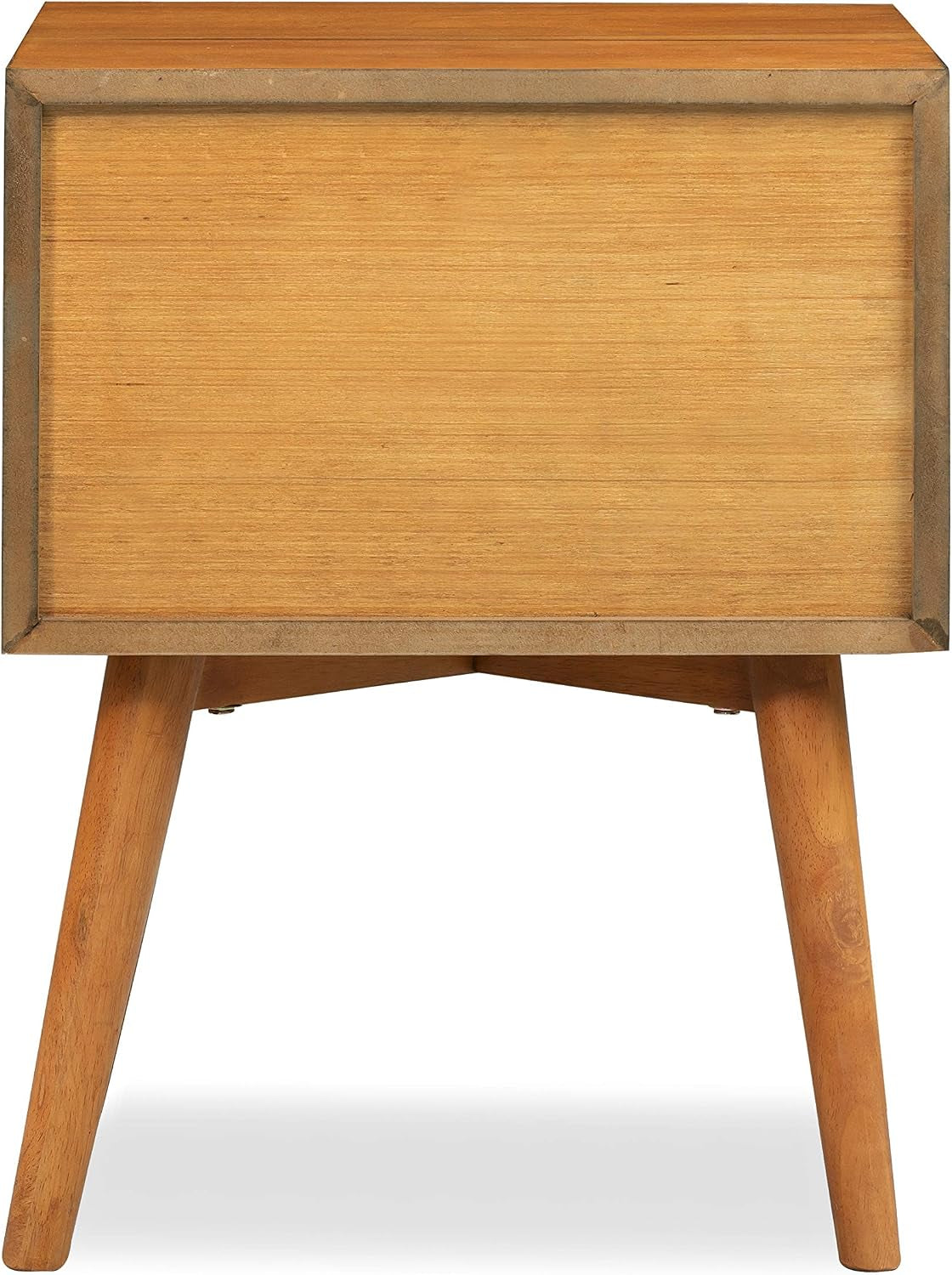 Back view of the nightstand showing plain wood back panel and four angled legs.