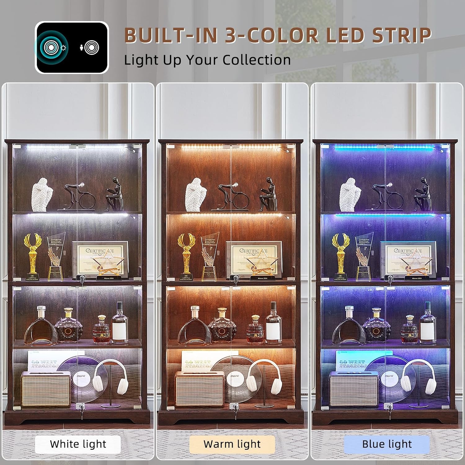 Three side-by-side cabinets showing white, warm, and blue LED interior lighting options.