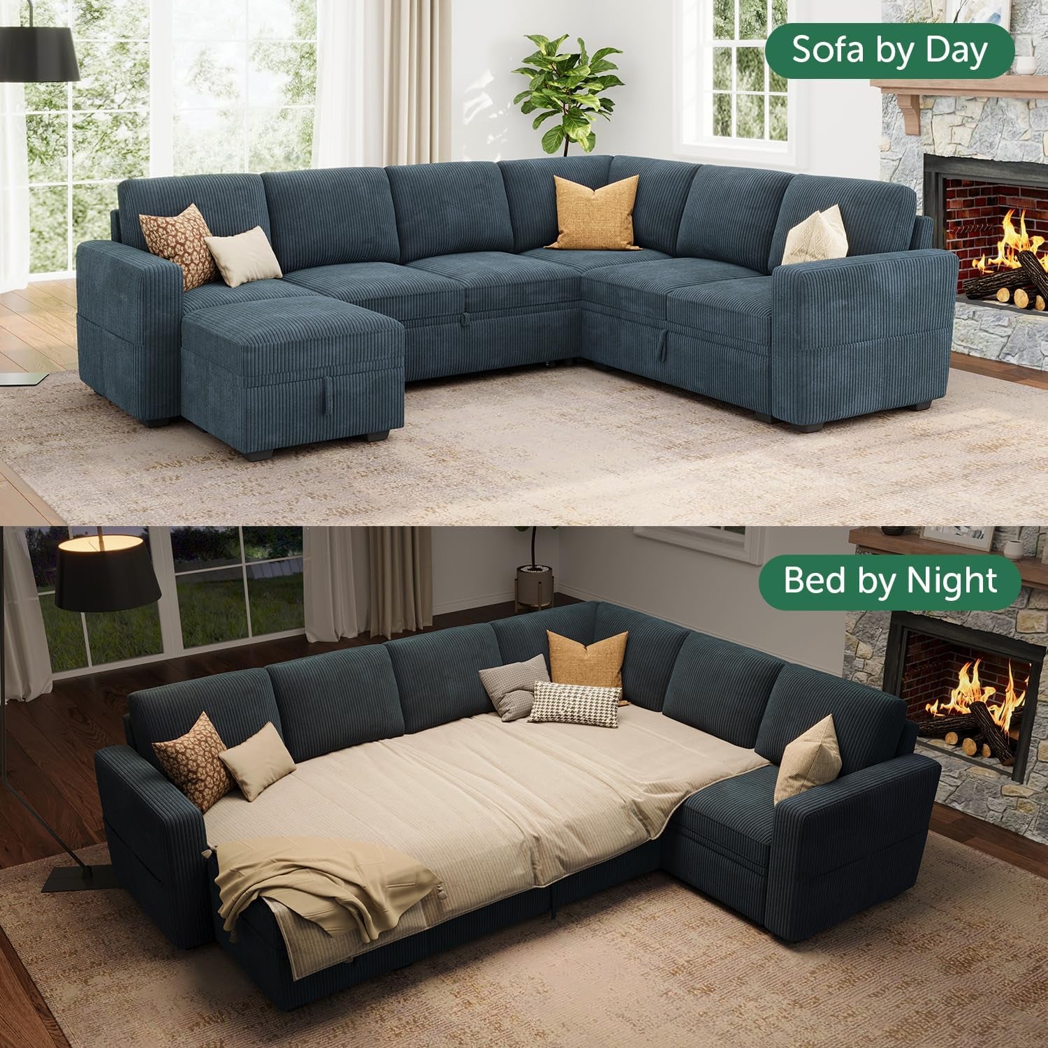 Modular Sectional Sleeper Sofa, Corduroy Sleeper Pull-Out Bed Couch with Storage, U Shaped Sectional Couches for Living Room, Blue