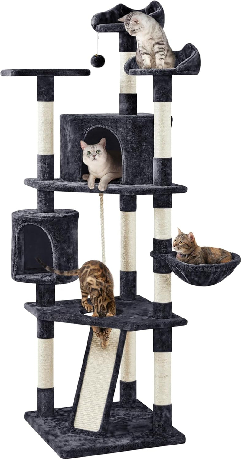 Full view of a dark gray multi-level cat tree with cats using the condo, hammock and top perch.