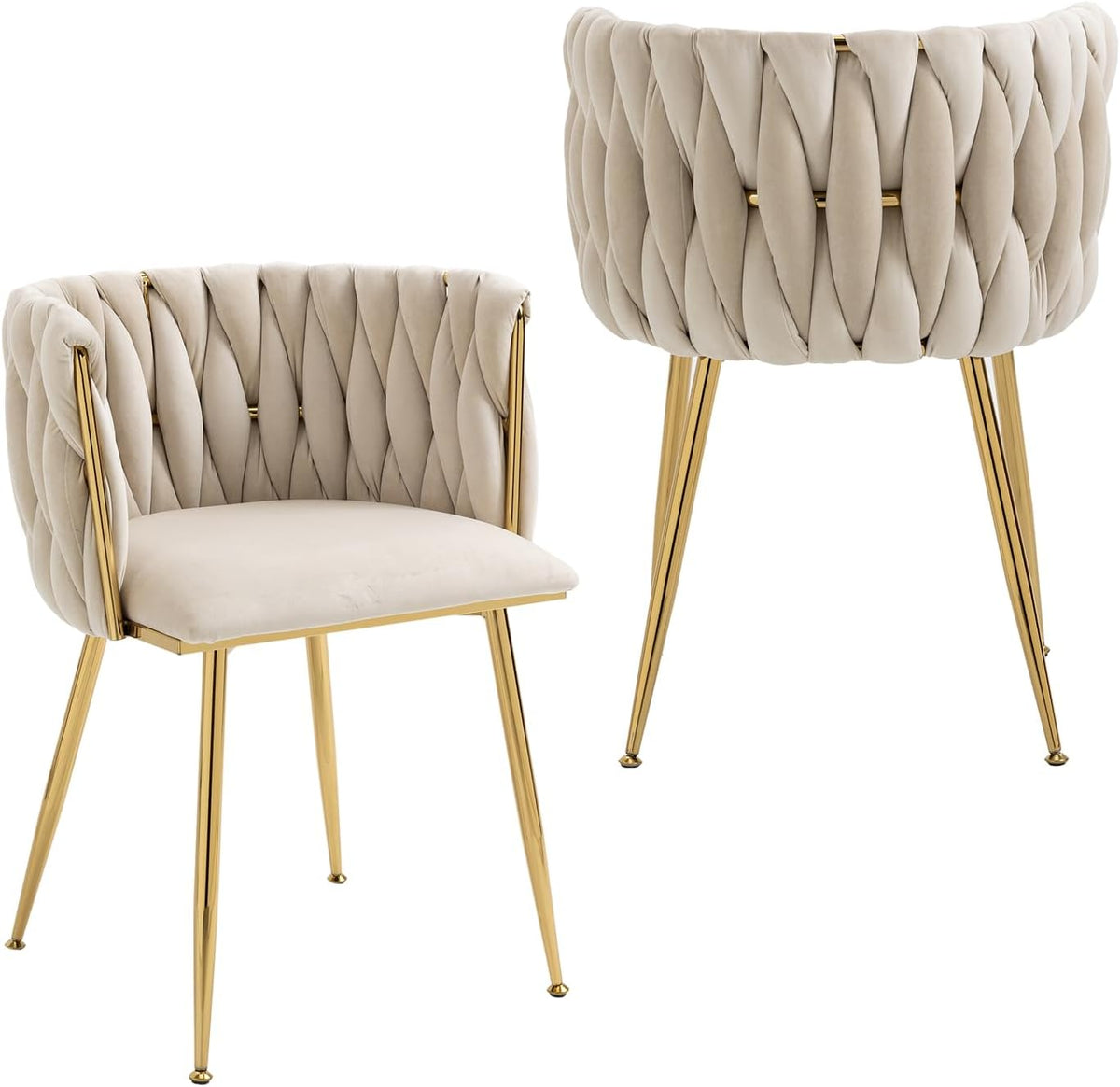 Beige velvet dining chair pair shown front and back with gold metal legs close-up