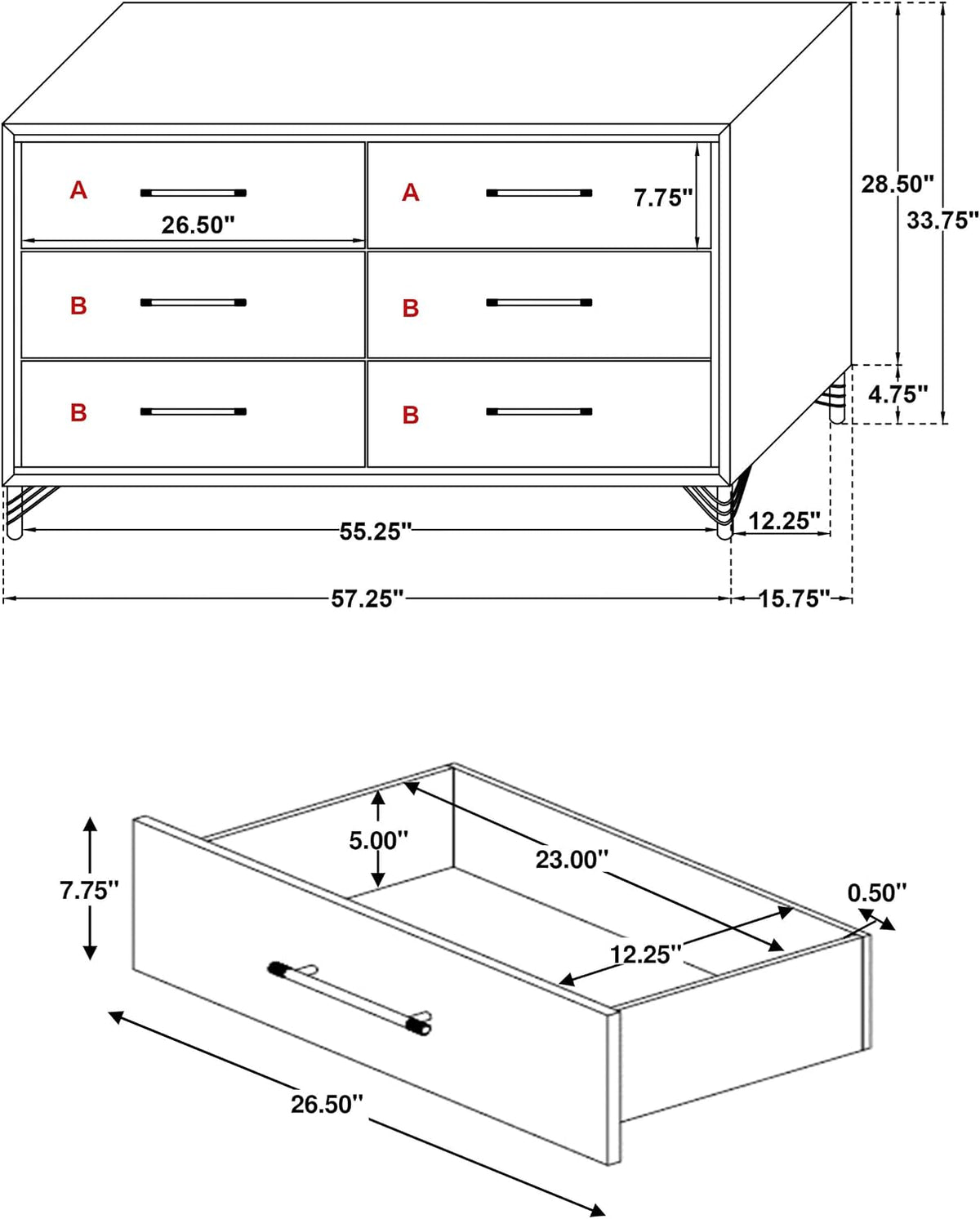 Line drawings of a six-drawer dresser with dimensions and a separate perspective of a single drawer.