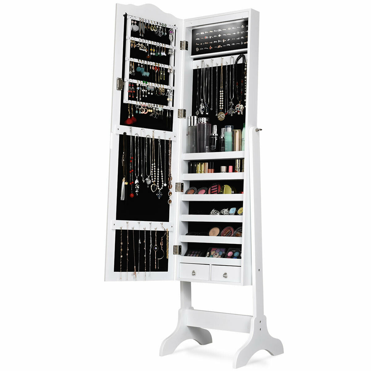 Open white jewelry armoire displaying hanging necklaces, jewelry hooks, small shelves and two bottom drawers.