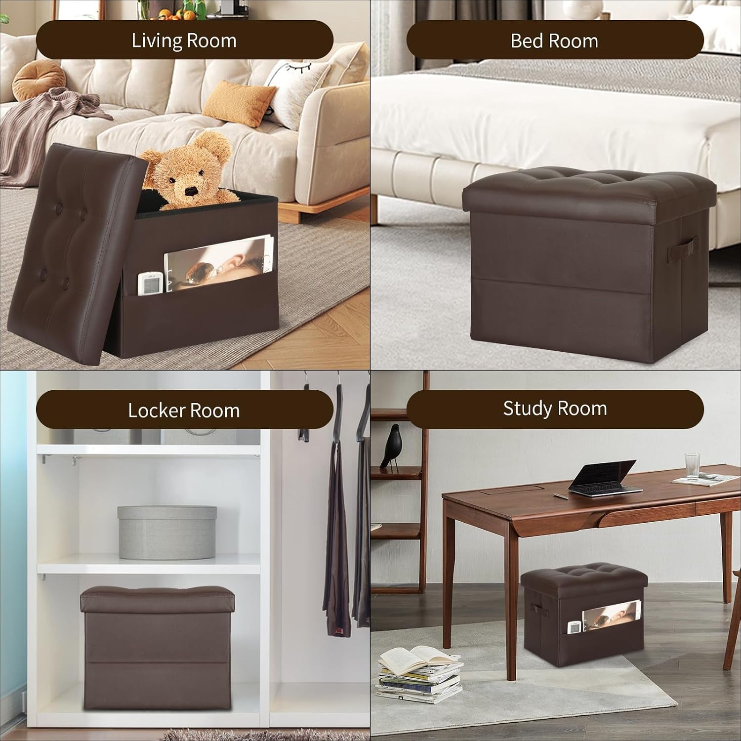 Four-room lifestyle collage showing ottoman used in living room, bedroom, locker and study