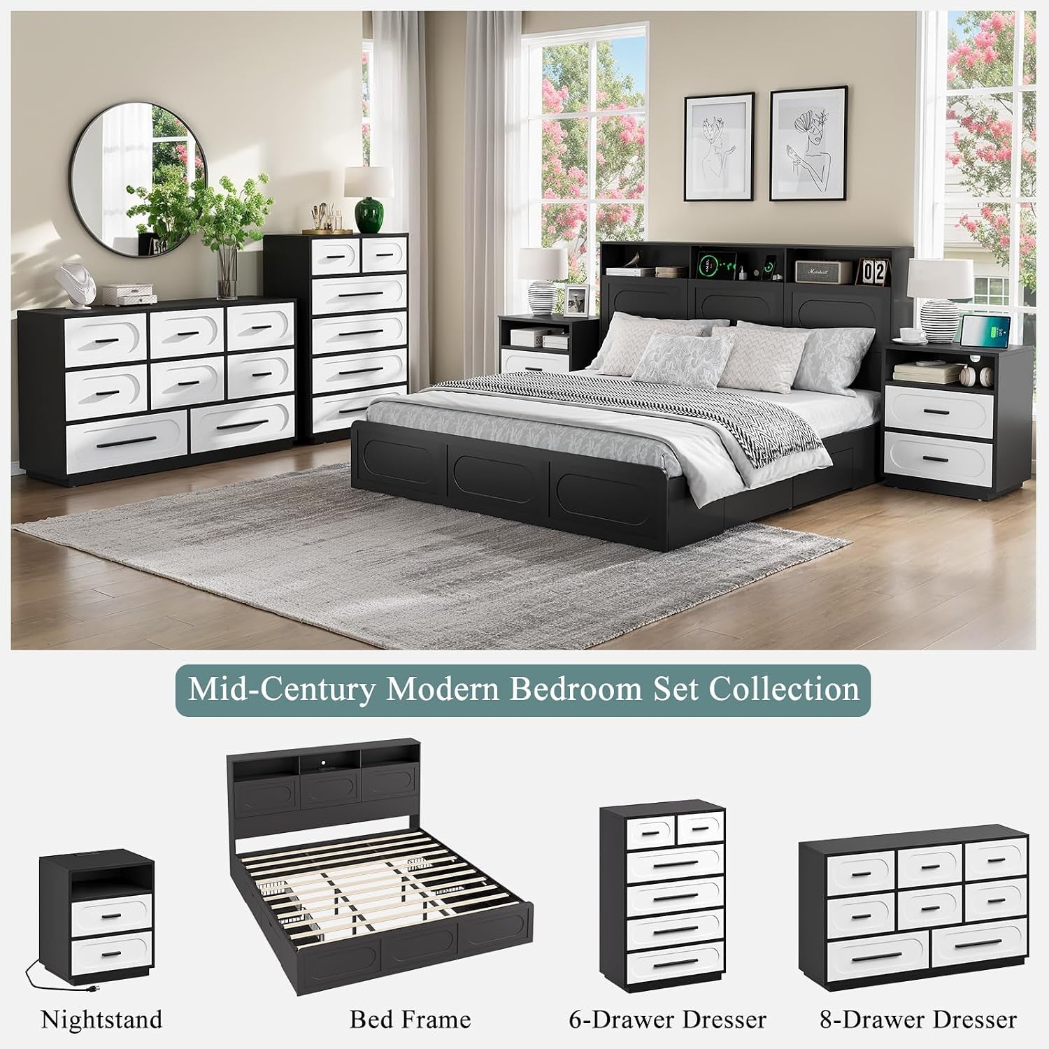 Staged bedroom with black bed frame, matching two-tone dressers and nightstands, large windows