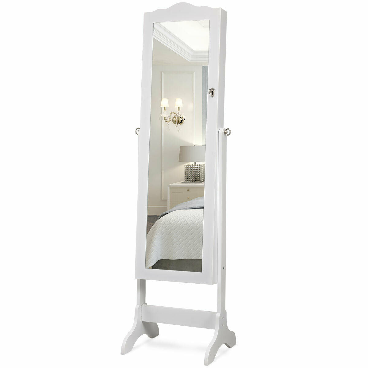 Closed white full-length mirror armoire shown standing alone against a plain white background.