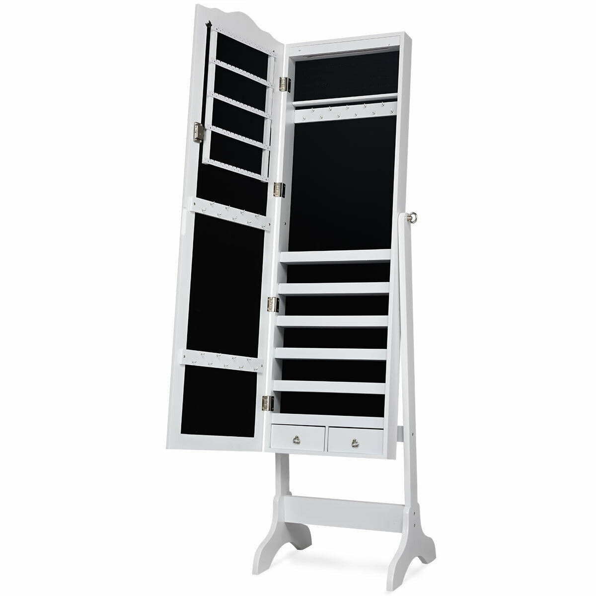 Back of the white armoire with its mirrored door open, showing black-lined storage panels, hooks, shelves and drawers.