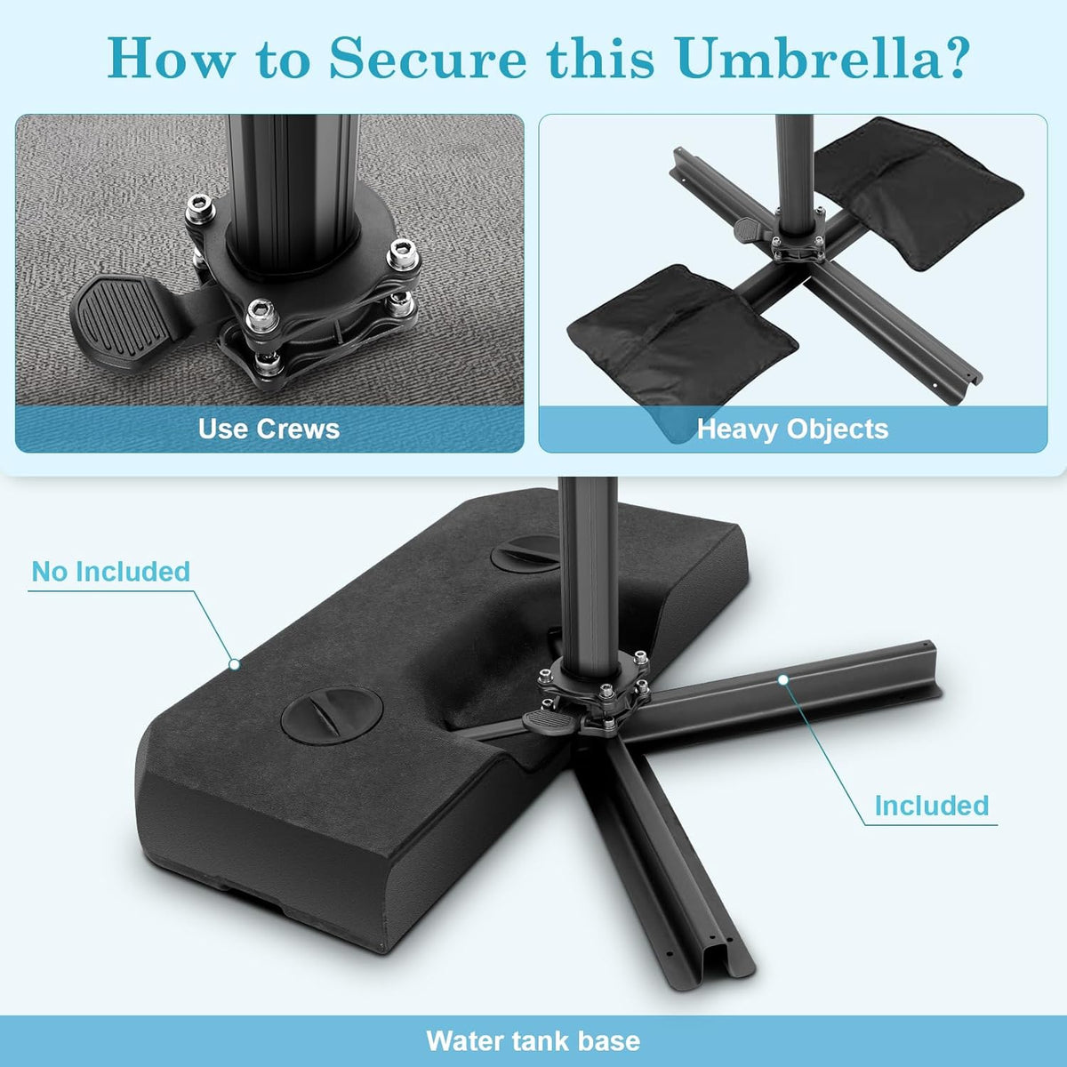 Close-up of umbrella base options showing a water tank base, cross base components and securing hardware