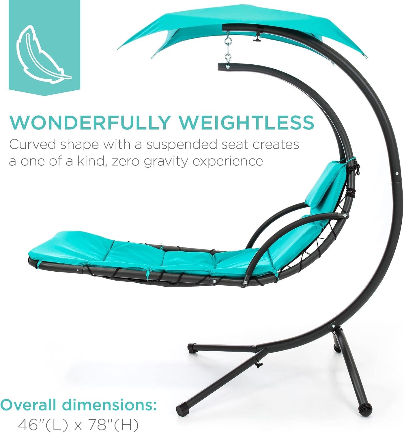 Profile shot of the suspended teal chaise highlighting the curved black frame and padded mattress.