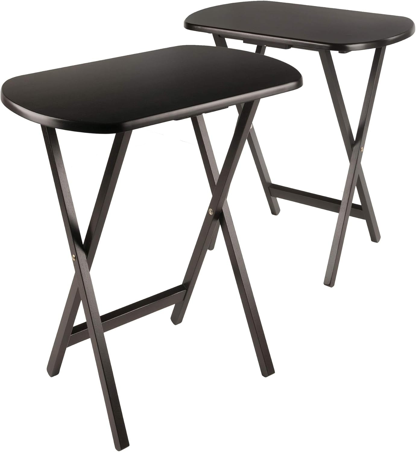 Two matching dark brown folding snack tables shown side by side on a white background