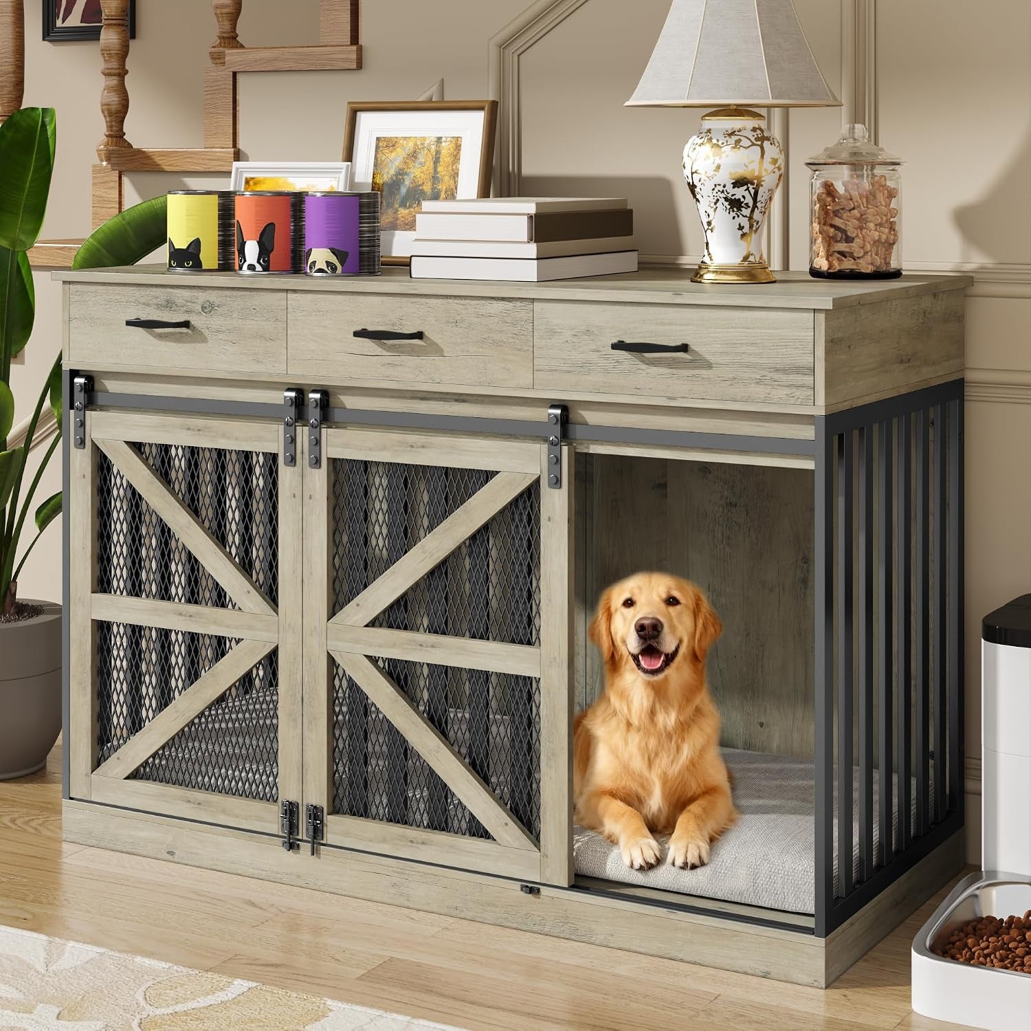 Front view of grey dog crate console with sliding barn doors open and a golden retriever inside