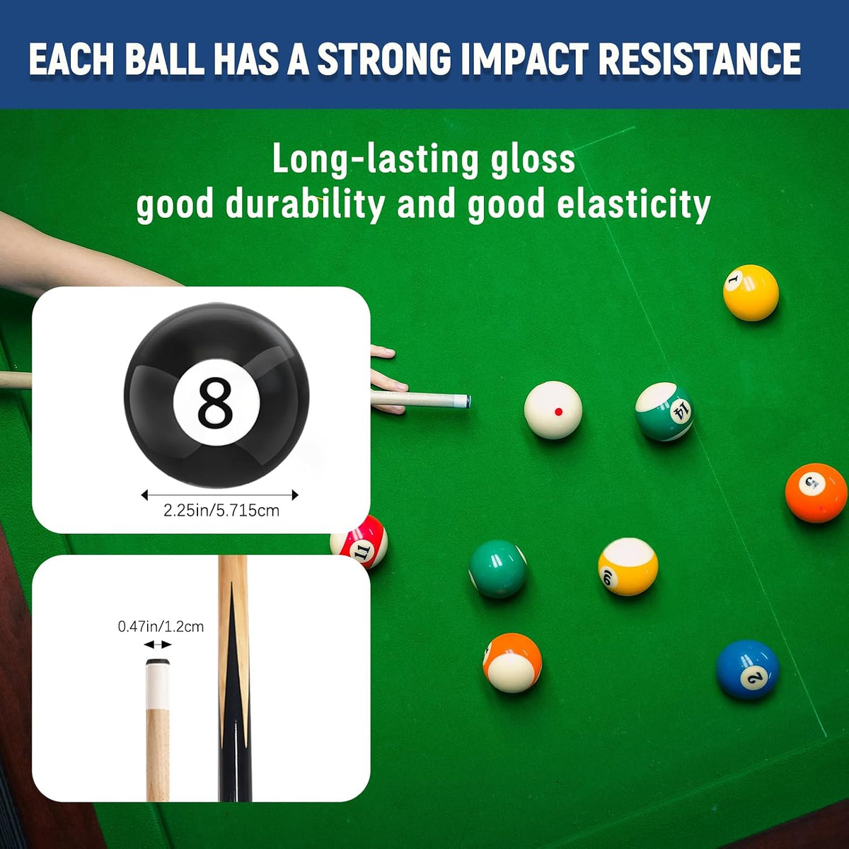 Green felt pool table with scattered billiard balls and graphic indicating a 2.25-inch ball diameter