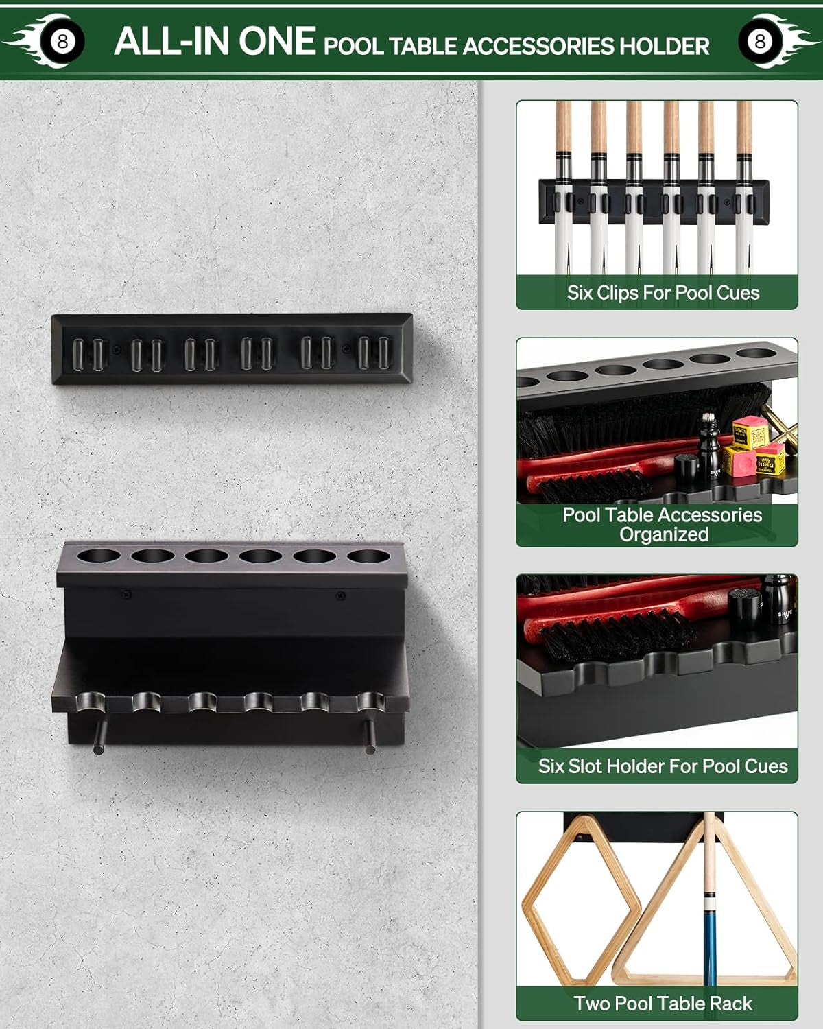 Mounted top cue clips and lower six-slot accessory shelf shown on a textured wall with small callout images at right.