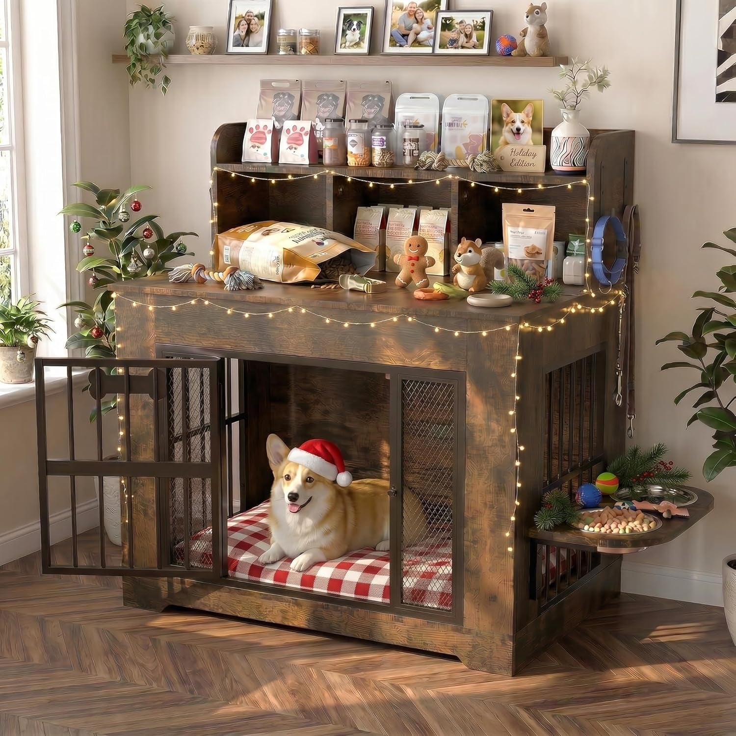 Walnut finish wood-and-steel dog crate console with open front door and a corgi on a red plaid bed inside