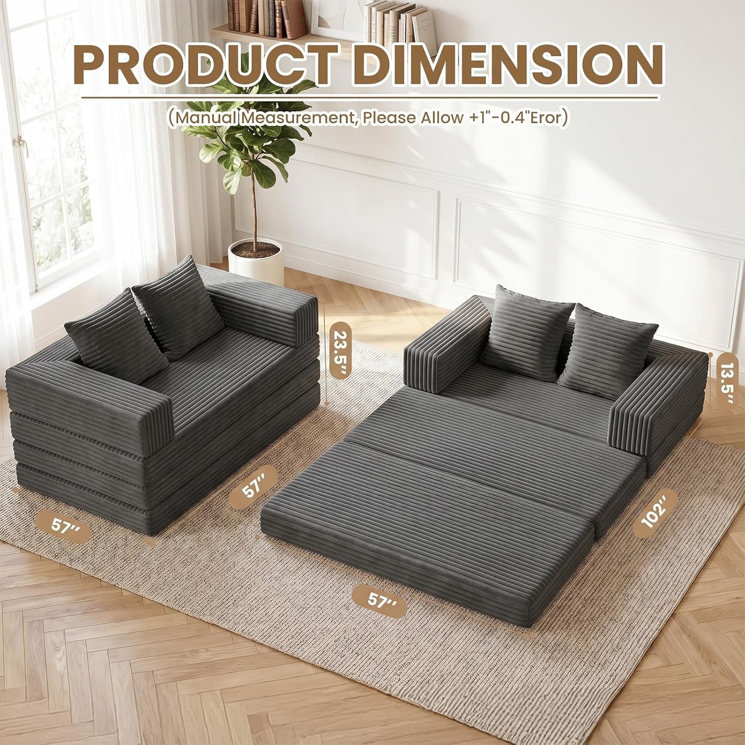 Top-down scene showing folded loveseat and fully unfolded sofa bed with dimension callouts 57" and 102" on room rug