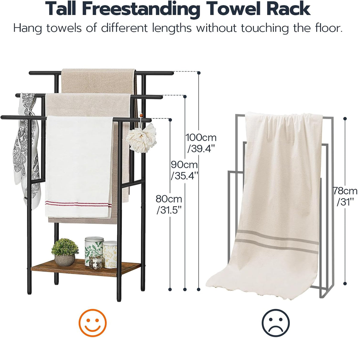Illustration comparing the rack's three bar heights with towels draped, showing the black frame and wood-tone shelf