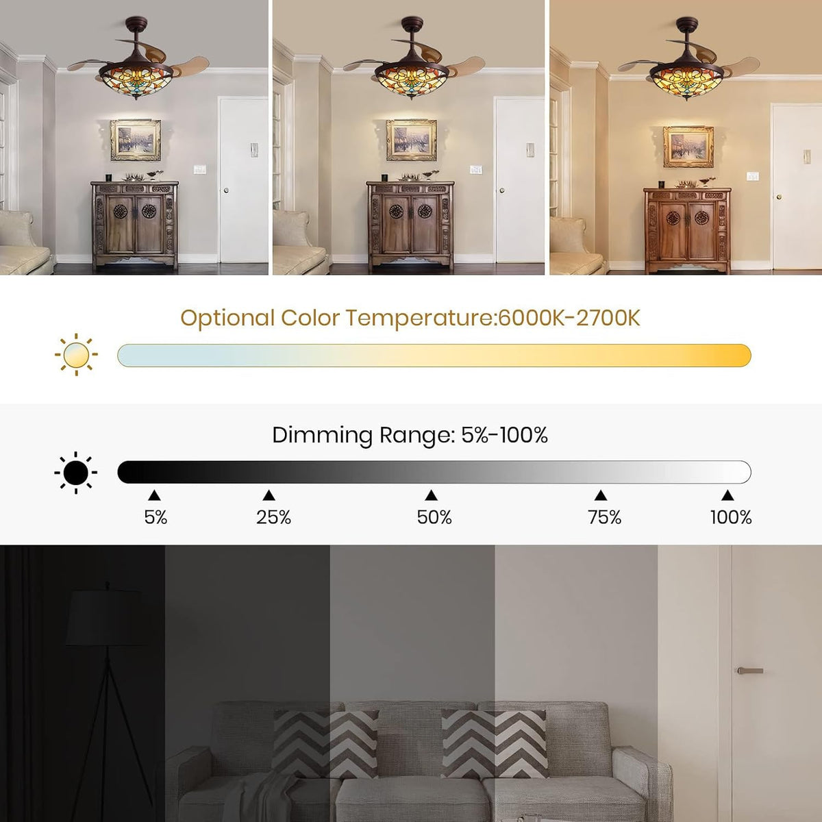 Three side-by-side room scenes showing the fan's selectable warm, natural and cool light color temperatures