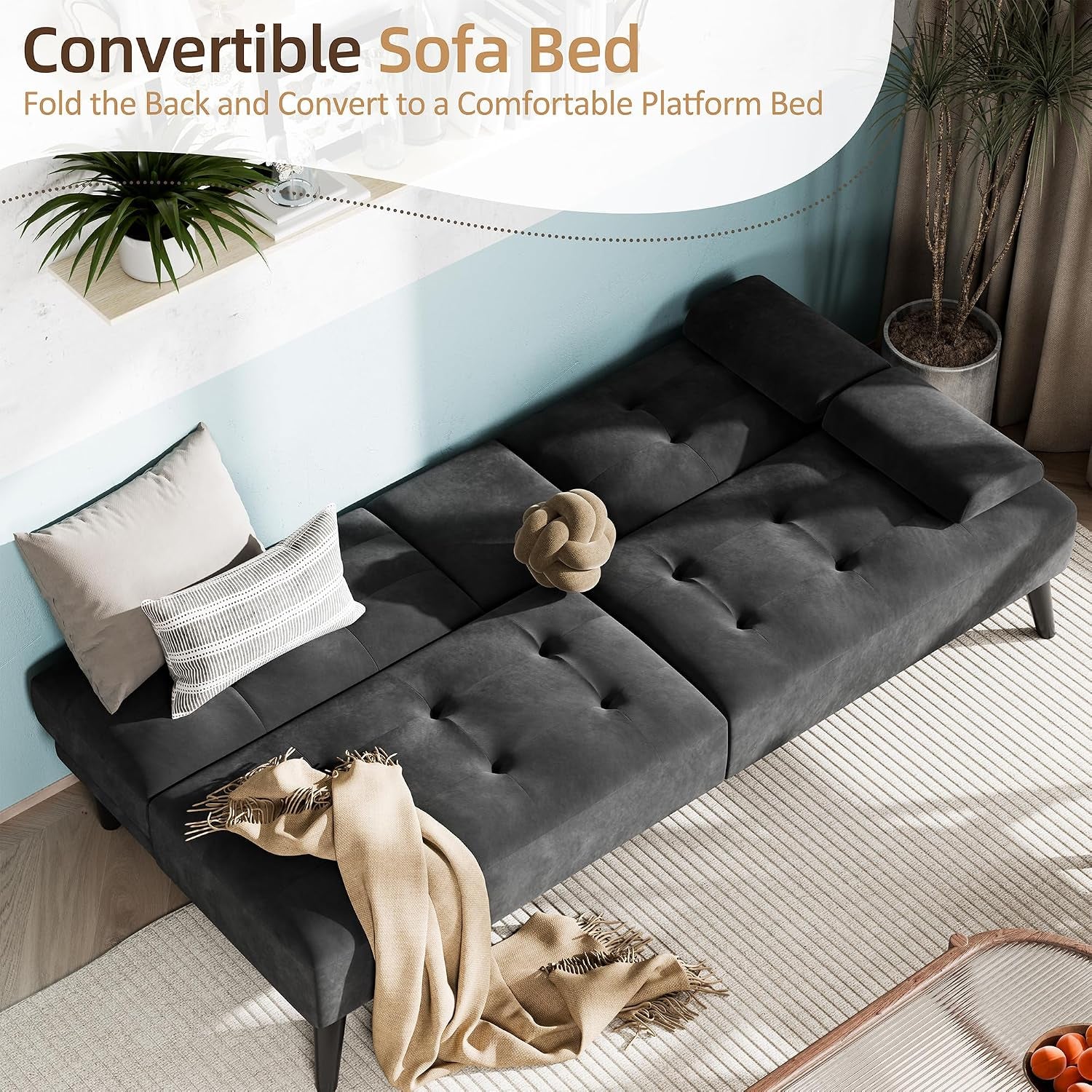 64" Futon Sofa Bed, Velvet Foldable Couch, Reclining Sleeper with Removable Armrests, Upholstered Loveseat Sofa Couch with Folding Cup Holders for Home, Office, Black