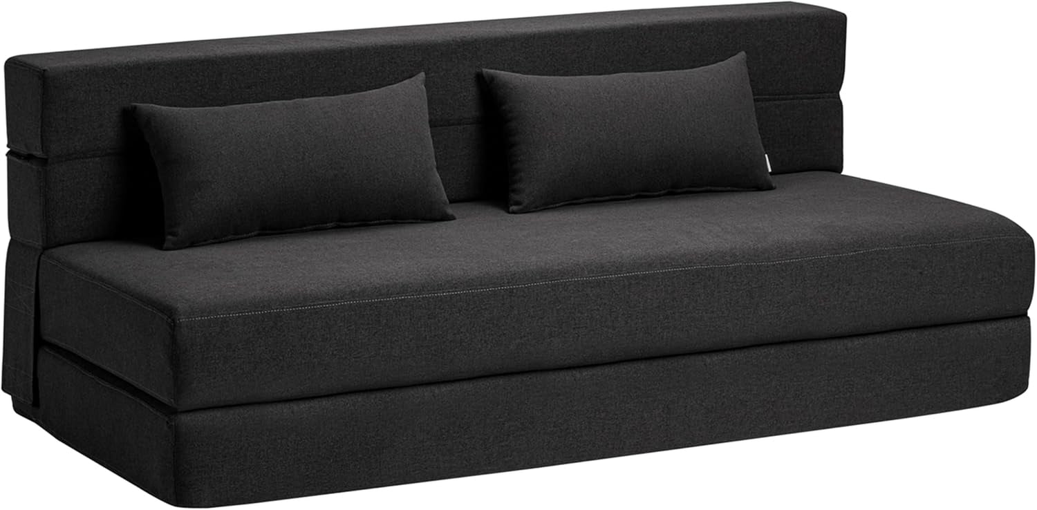 Dark gray folding twin sofa bed in upright sofa position with two lumbar pillows on white background.