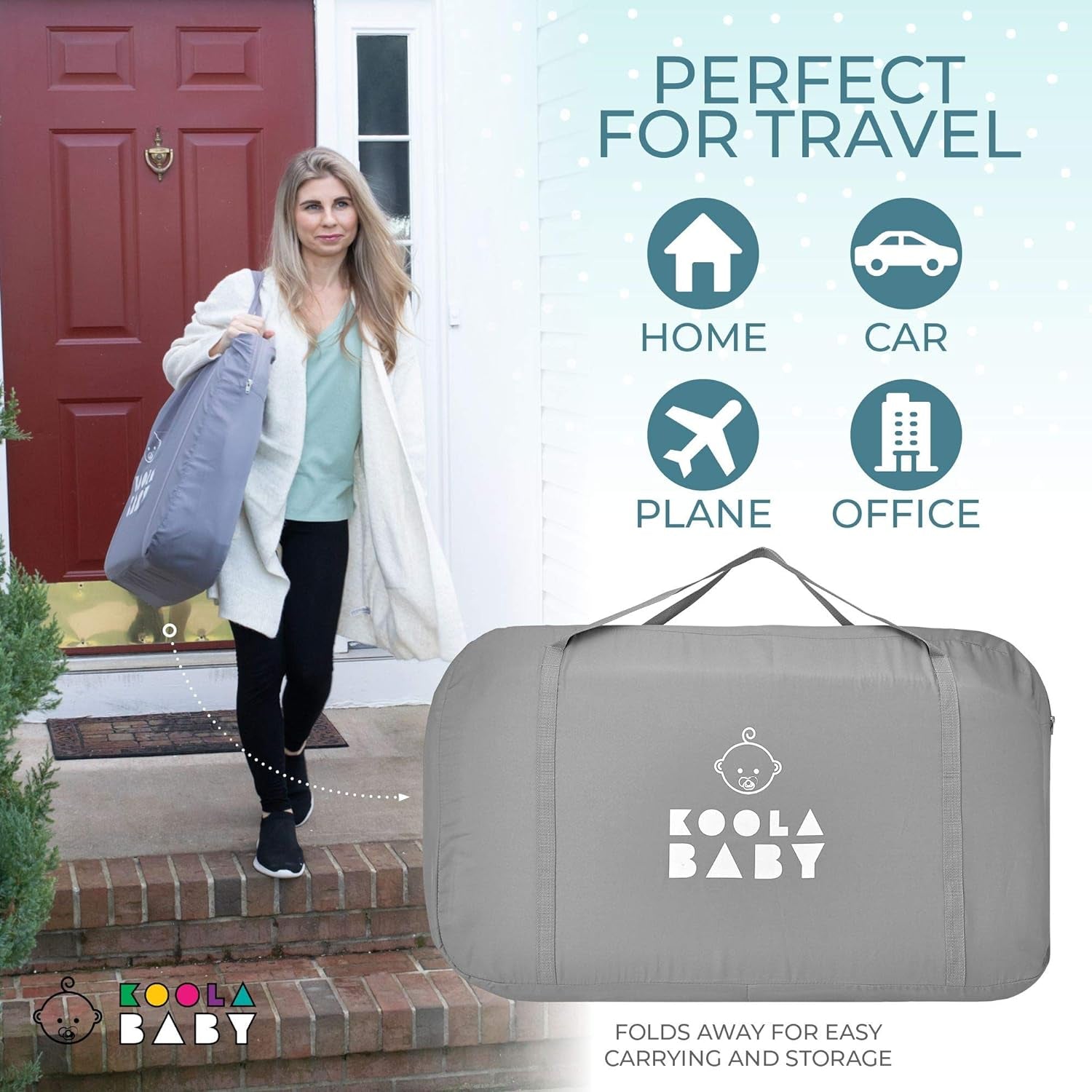 Woman carrying a gray zipped travel bag beside a large gray packed bassinet bag and travel icons